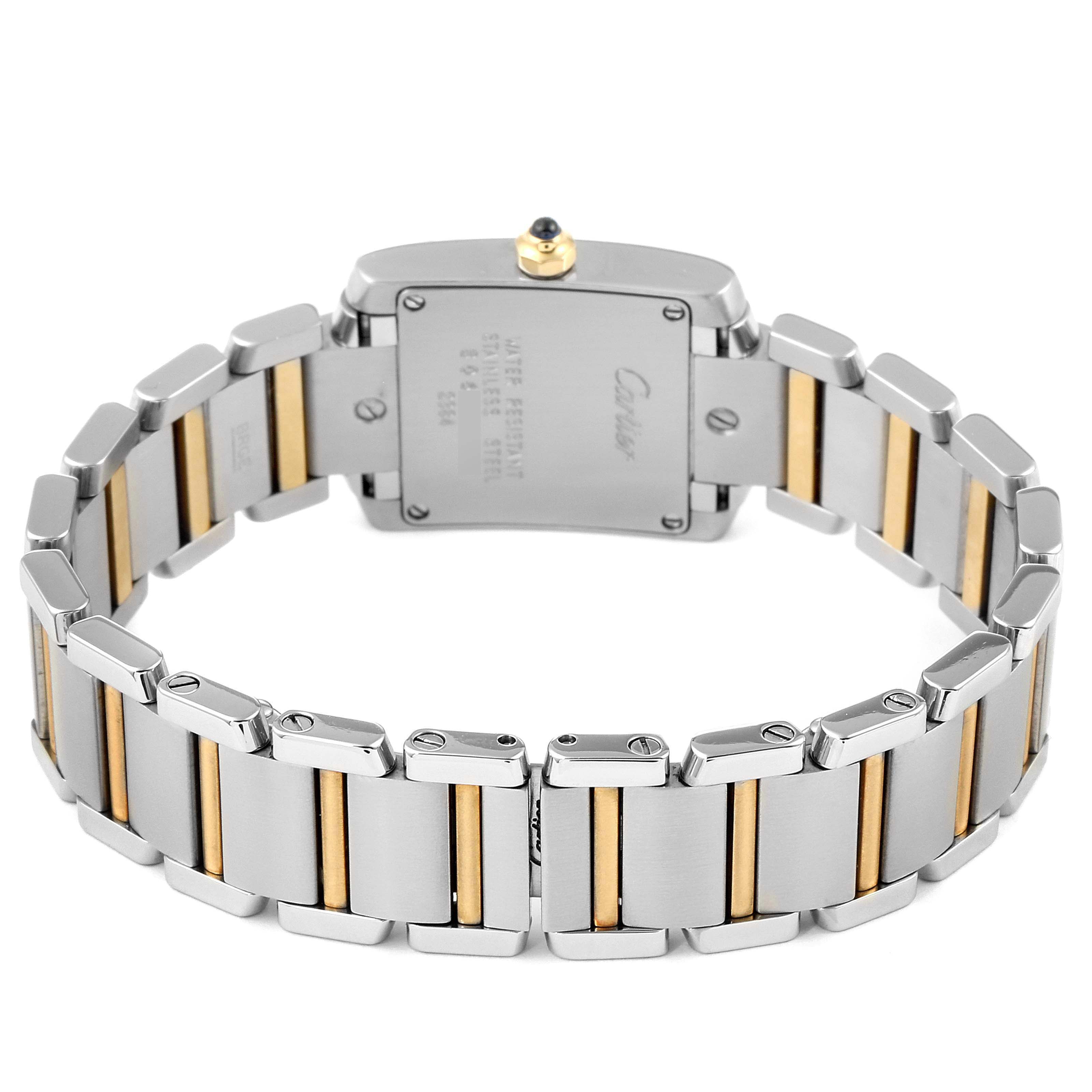 The image shows the back view of a Cartier Tank Francaise W51007Q4 Women's Steel and Gold (two tone) Silver Dial W51007Q4 Women's Steel and Gold (two tone) Silver Dial watch, highlighting its bracelet and case back.