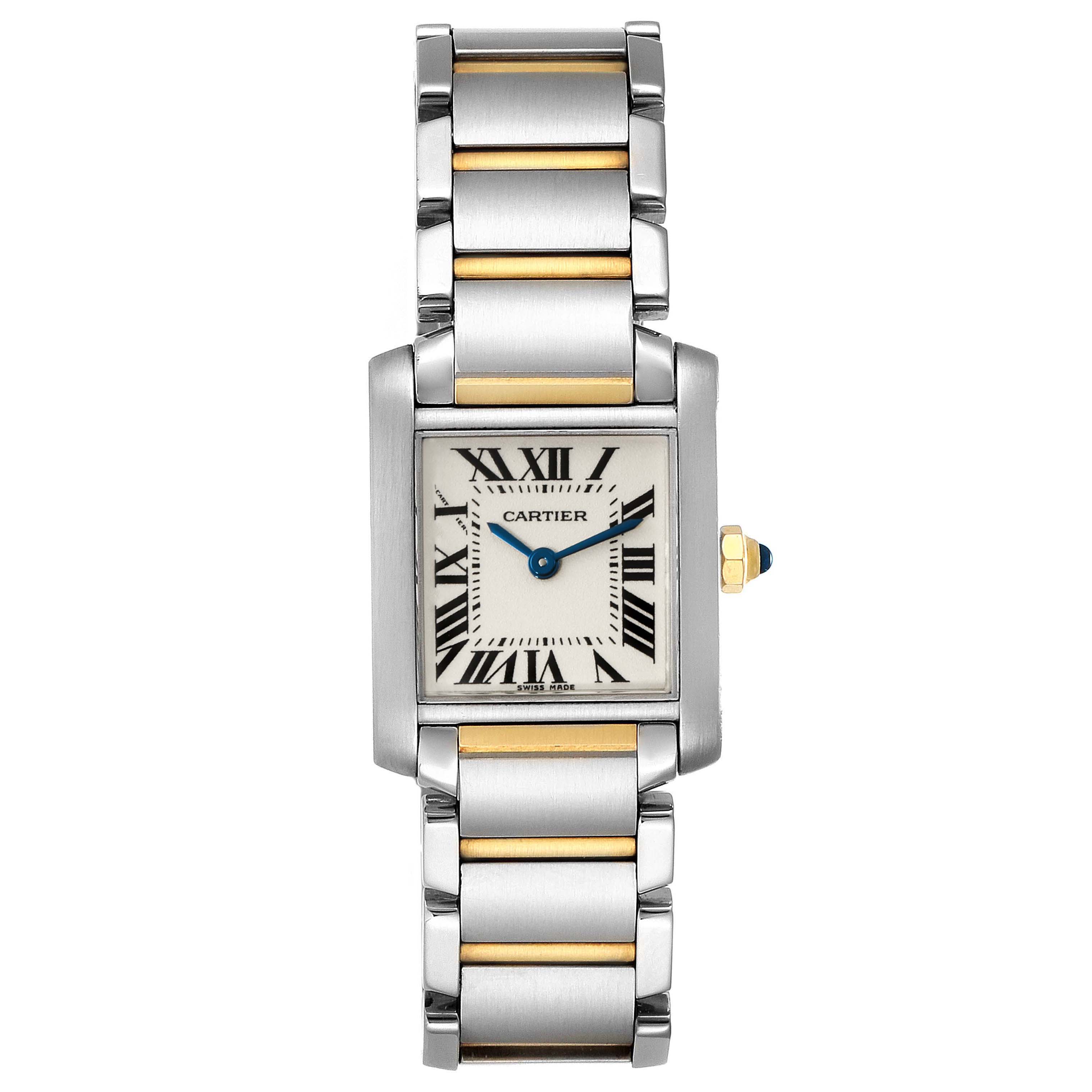 This is a front-facing view of the Cartier Tank Francaise W51007Q4 Women's Steel and Gold (two tone) Silver Dial W51007Q4 Women's Steel and Gold (two tone) Silver Dial watch showing the face, bezel, crown, and bracelet.