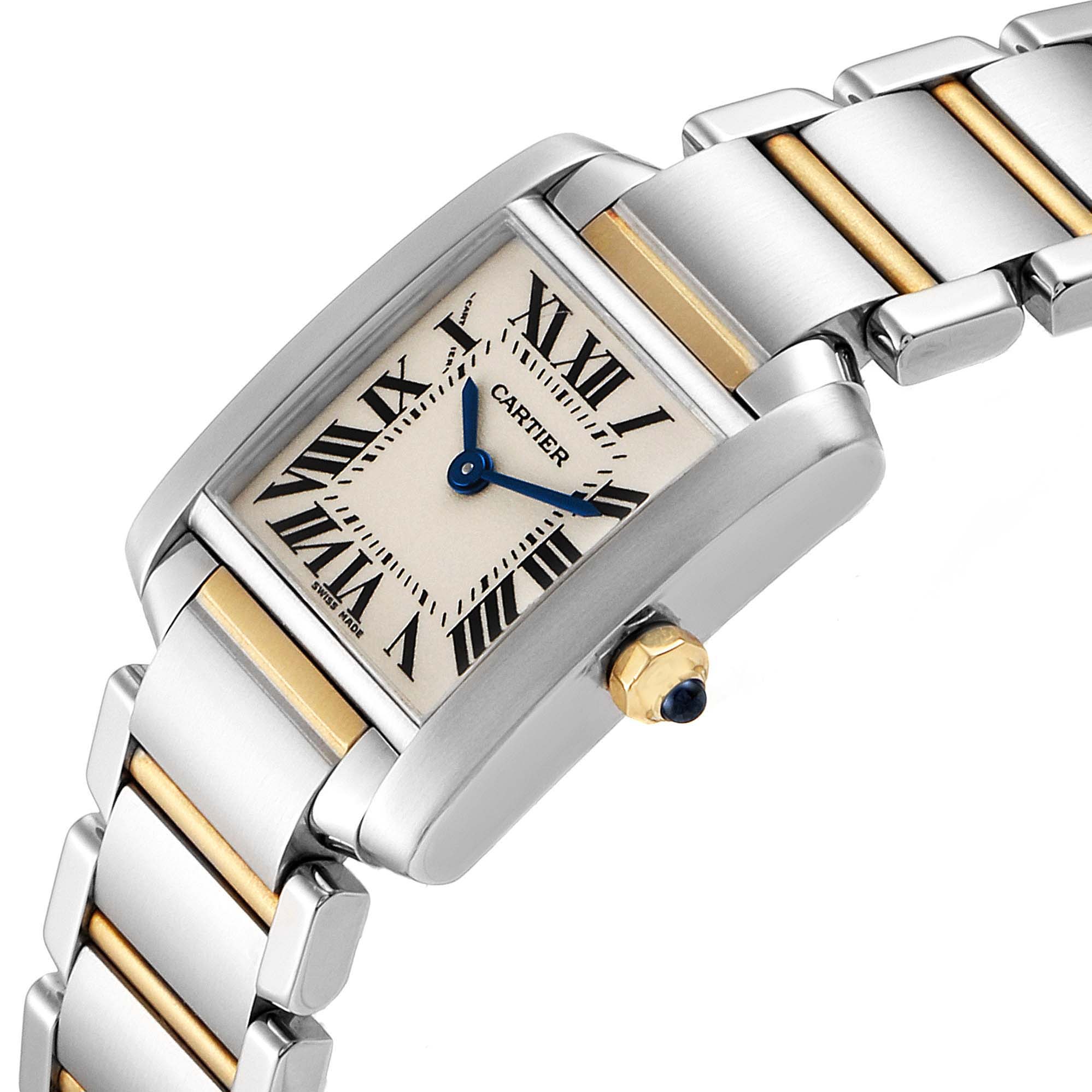 The image shows a Cartier Tank Francaise W51007Q4 Women's Steel and Gold (two tone) Silver Dial W51007Q4 Women's Steel and Gold (two tone) Silver Dial watch at a diagonal angle highlighting the face, bracelet, and crown.