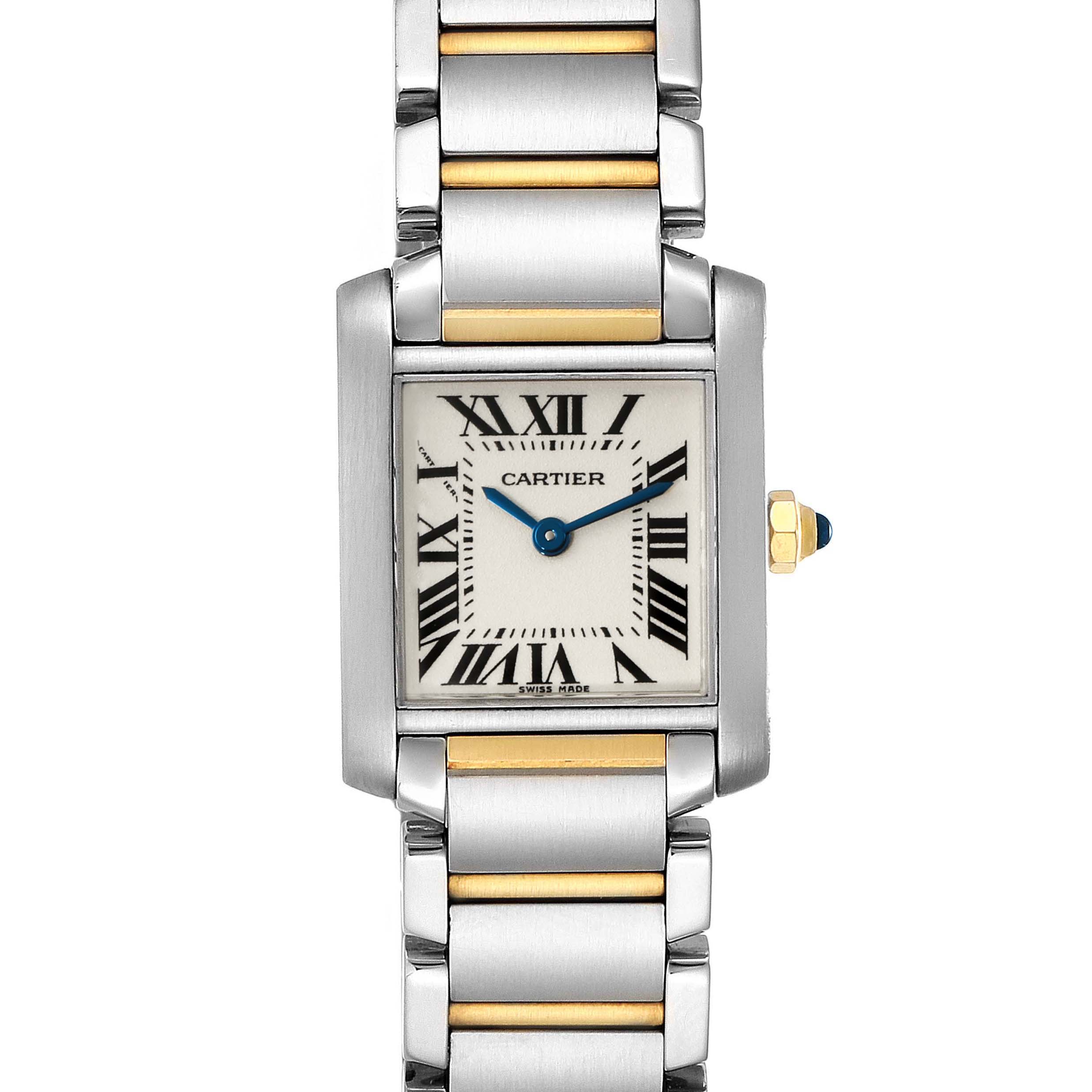 The image shows a front view of the Cartier Tank Française watch, displaying its dial, bezel, bracelet, and crown.