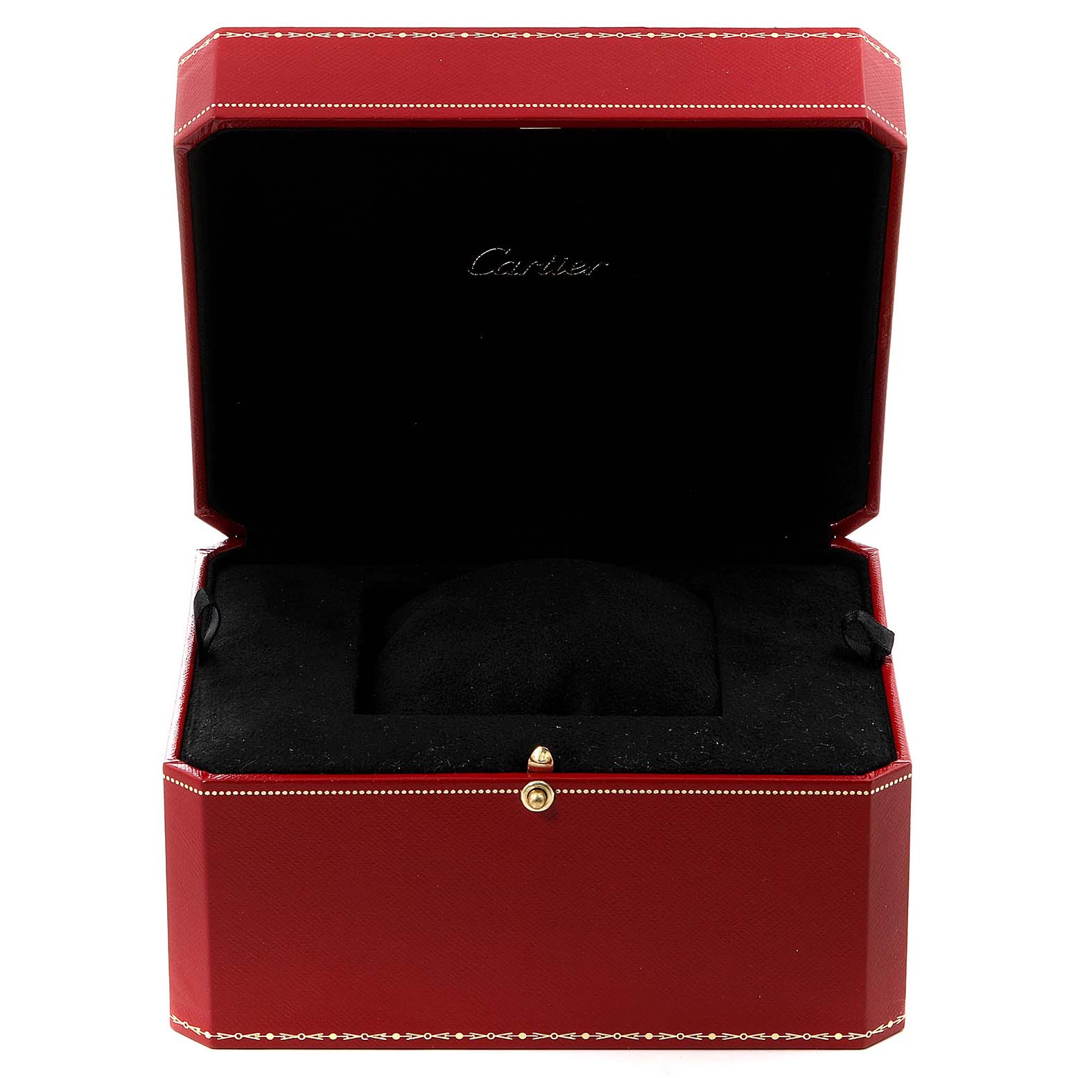 The image shows an open Cartier watch box for the Tank Francaise model, with a black cushion inside.