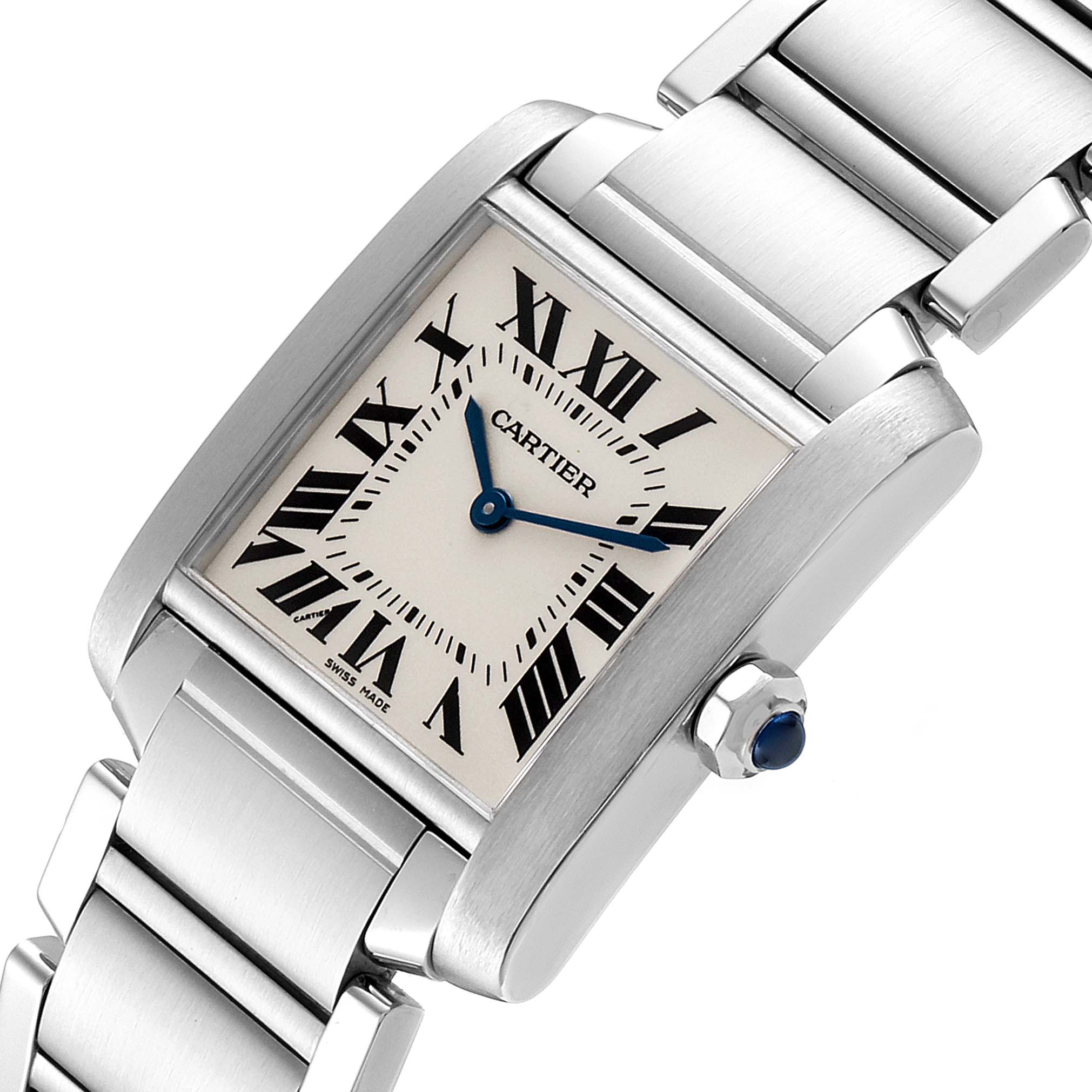 The Cartier Tank Francaise WSTA0005 Women
s Stainless Steel Silver Dial WSTA0005 Women
s Stainless Steel Silver Dial watch is shown at a slight angle, highlighting the face, bracelet, and crown with a blue gem.