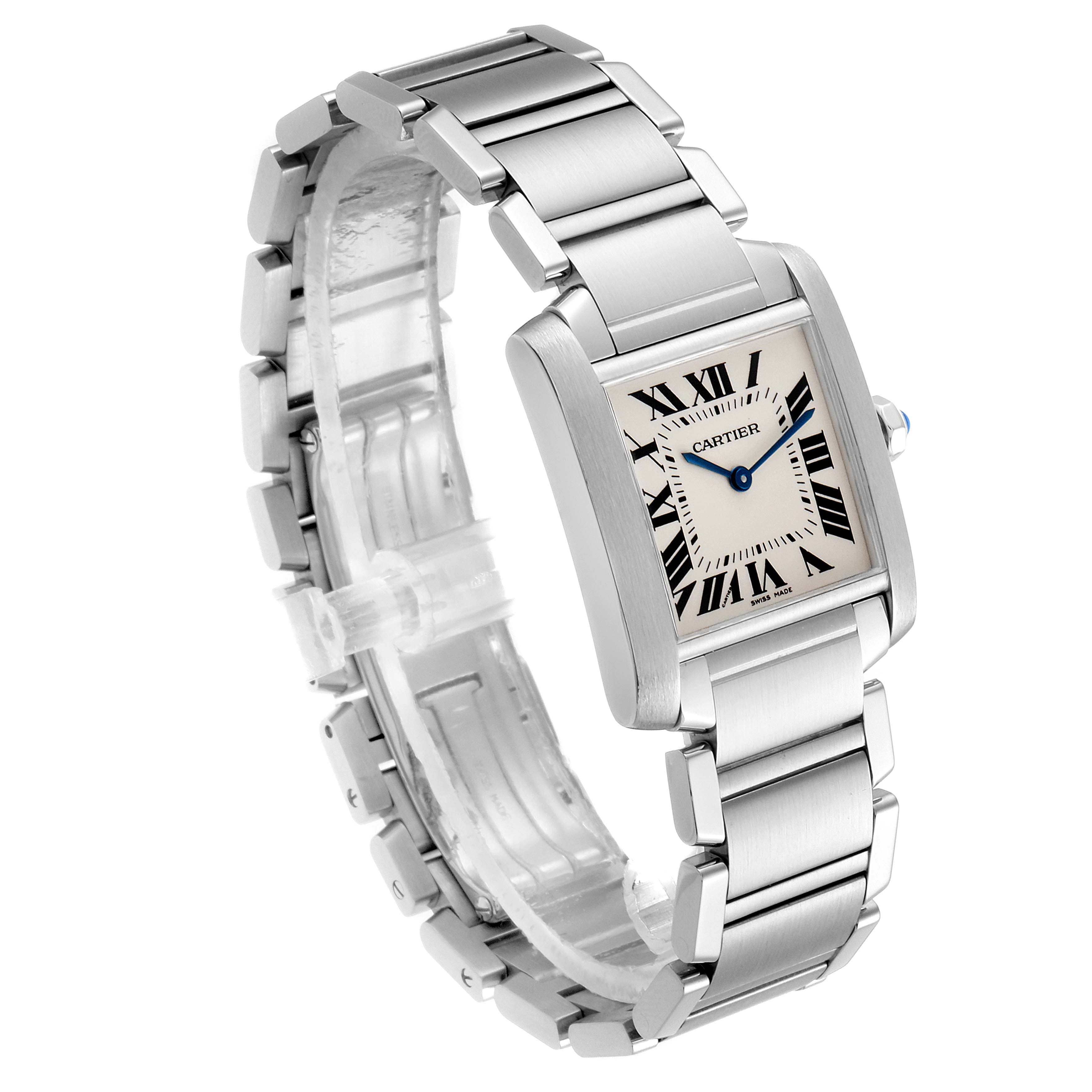 The image shows the Cartier Tank Francaise WSTA0005 Women
s Stainless Steel Silver Dial WSTA0005 Women
s Stainless Steel Silver Dial watch at a three-quarter angle, displaying its face, bracelet, and crown.