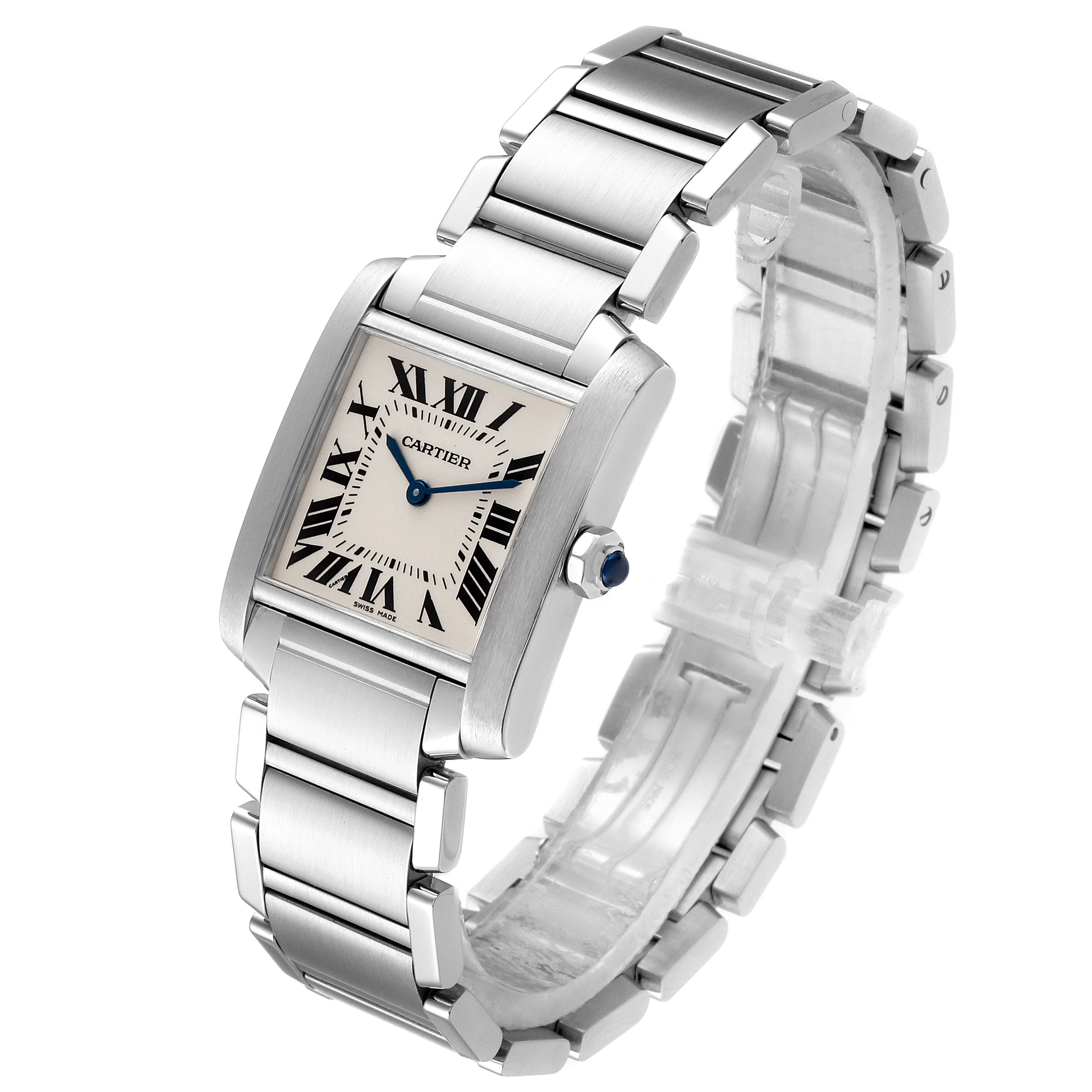 The image shows a Cartier Tank Francaise WSTA0005 Women
s Stainless Steel Silver Dial WSTA0005 Women
s Stainless Steel Silver Dial watch at a three-quarter angle, highlighting the face, bracelet, and side crown.