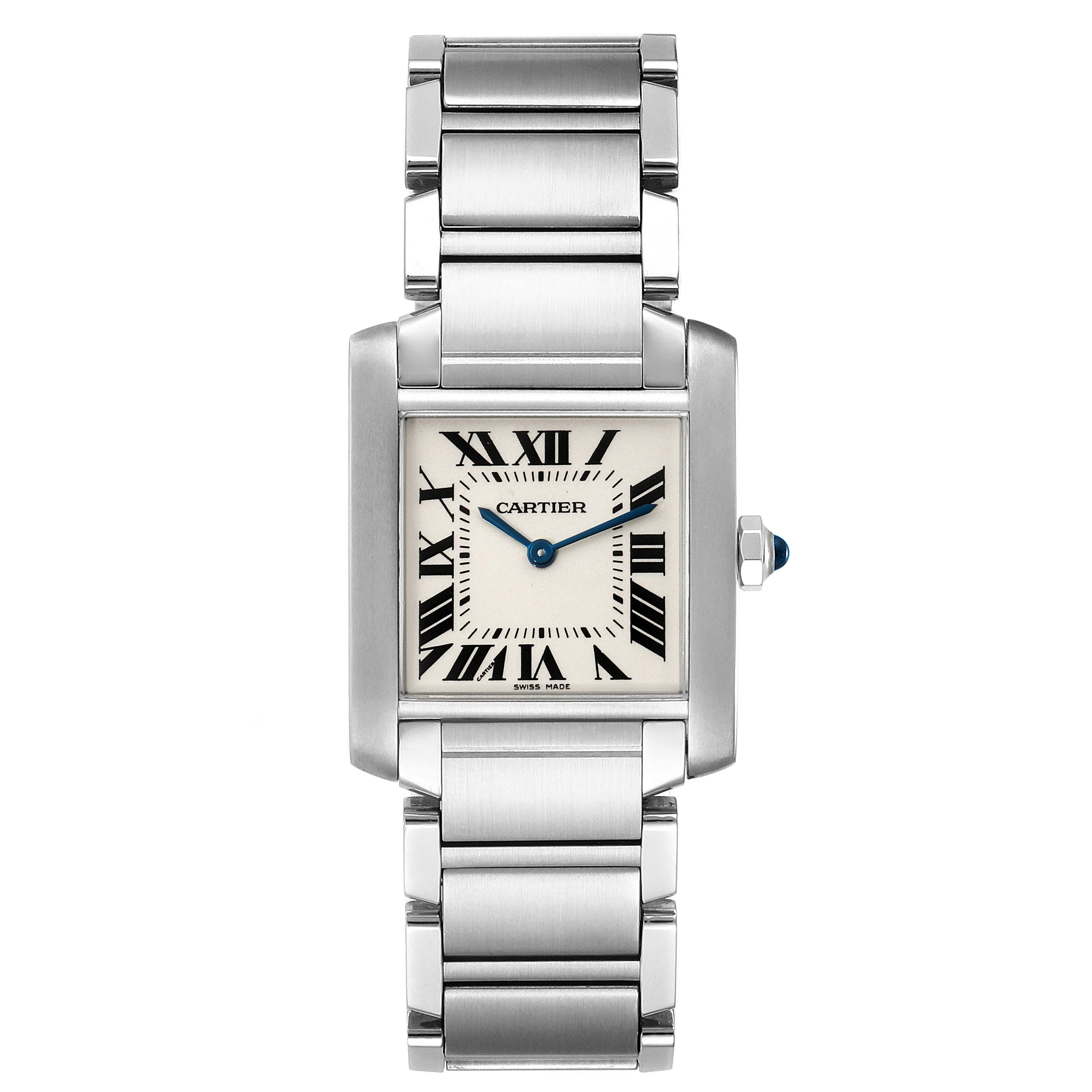 This image shows a frontal view of the Cartier Tank Française watch, highlighting its bracelet, square face, and Roman numeral dial.