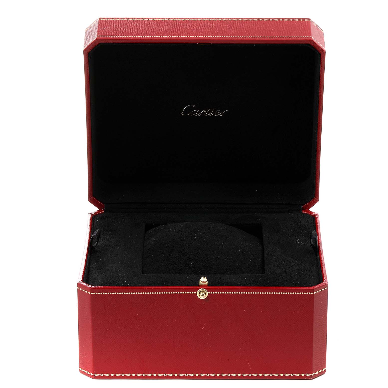 The image shows an open red case for the Cartier Tank Francaise WSTA0005 Women
s Stainless Steel Silver Dial WSTA0005 Women
s Stainless Steel Silver Dial watch, displaying the interior and the Cartier logo.