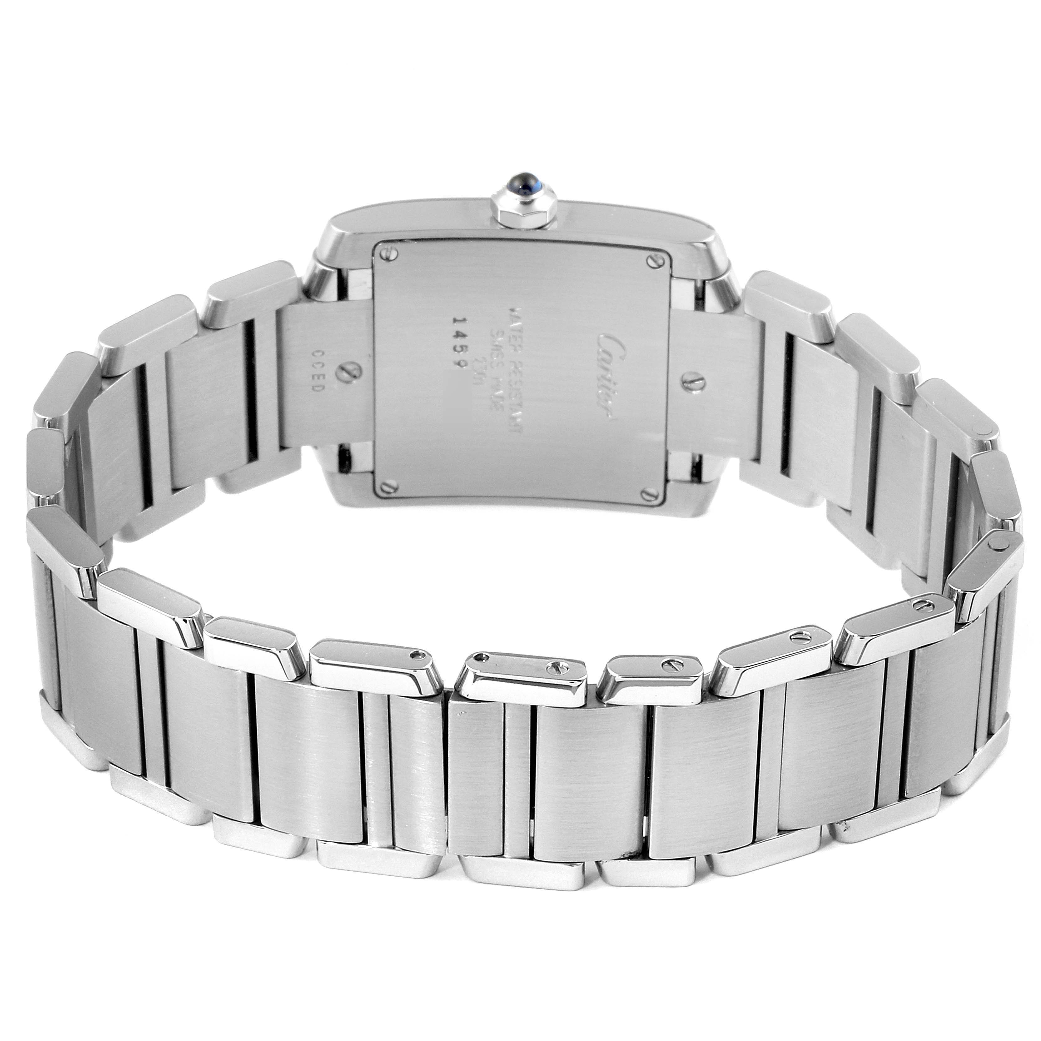 This image shows the back and bracelet of a Cartier Tank Française watch from a rear angle.