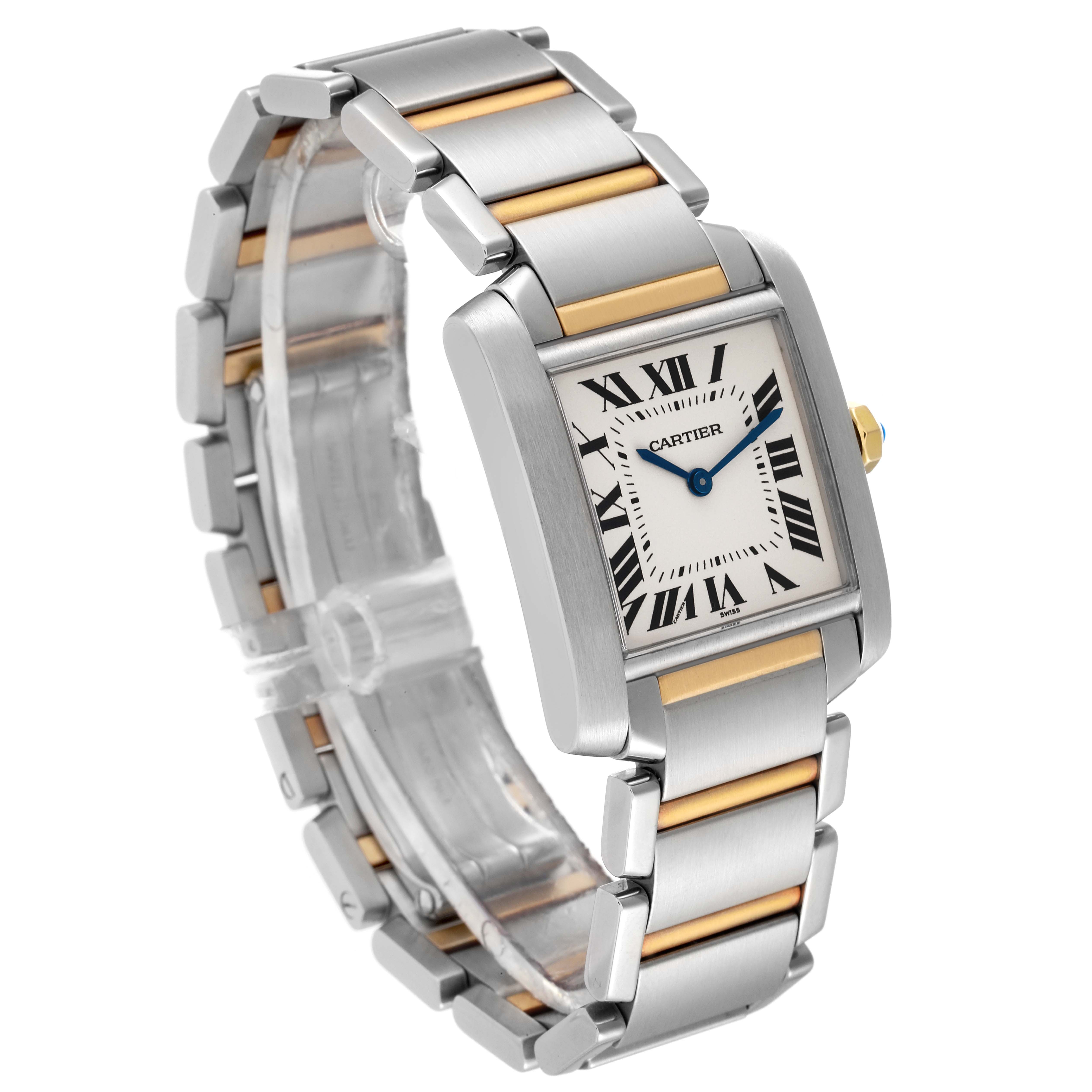 The image shows a three-quarter angle view of the Cartier Tank Française watch, highlighting its bracelet and face.