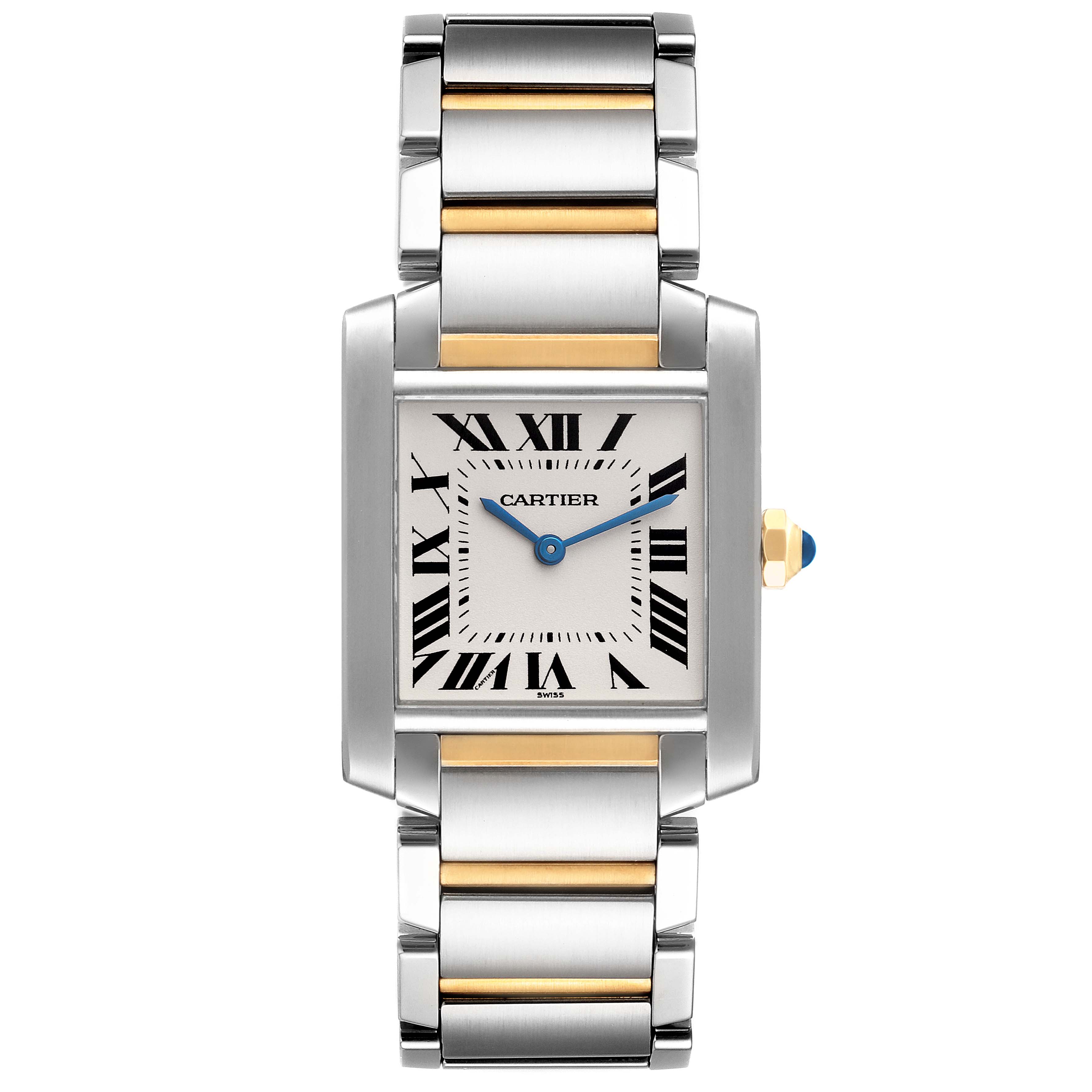 The image shows a front view of the Cartier Tank Francaise W2TA0003 Women's Steel and Gold (two tone) Silver Dial W2TA0003 Women's Steel and Gold (two tone) Silver Dial watch, highlighting its dial, hands, and two-tone metal bracelet.
