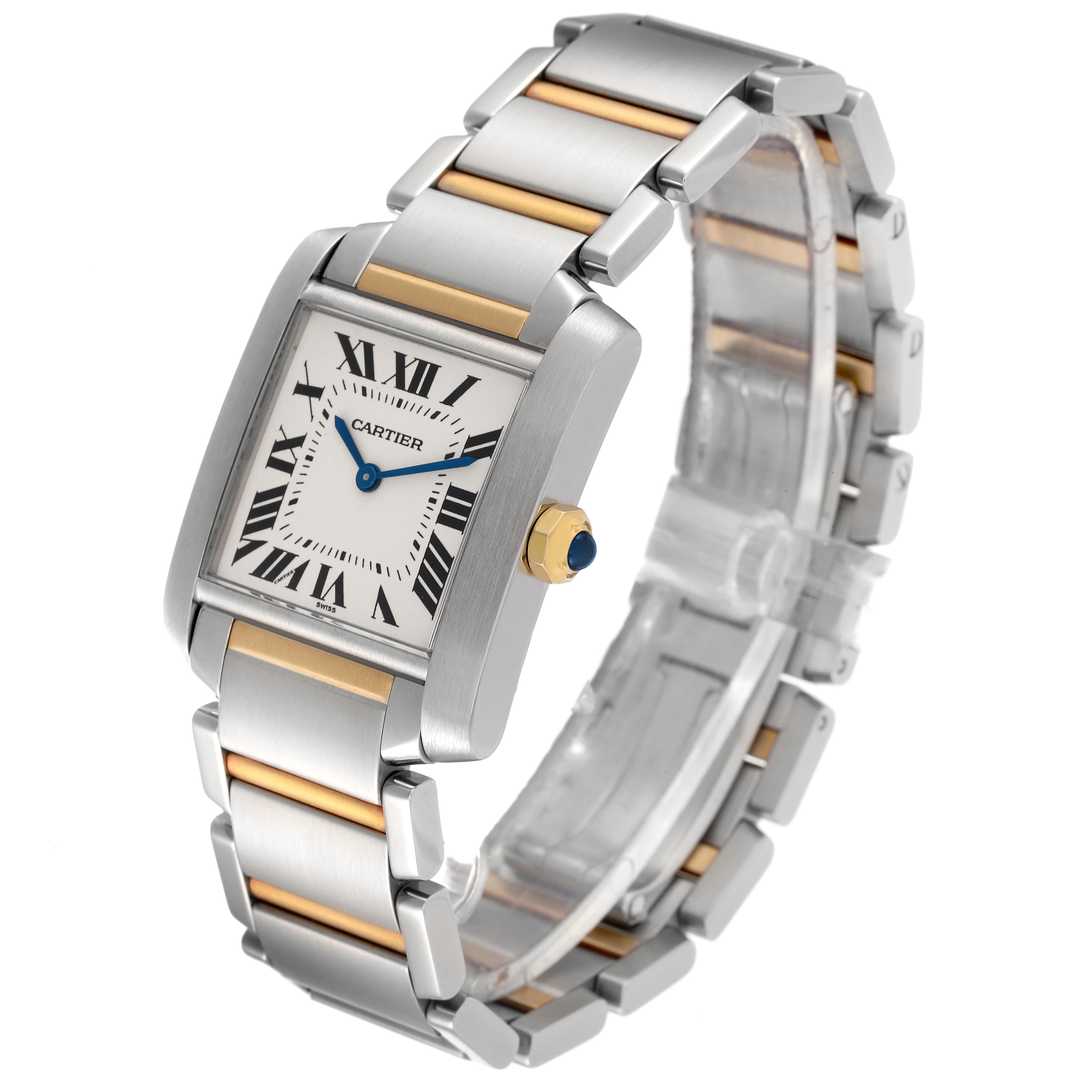 The image shows a Cartier Tank Francaise W2TA0003 Women's Steel and Gold (two tone) Silver Dial W2TA0003 Women's Steel and Gold (two tone) Silver Dial watch at an angled view, highlighting the face, bezel, and bracelet.