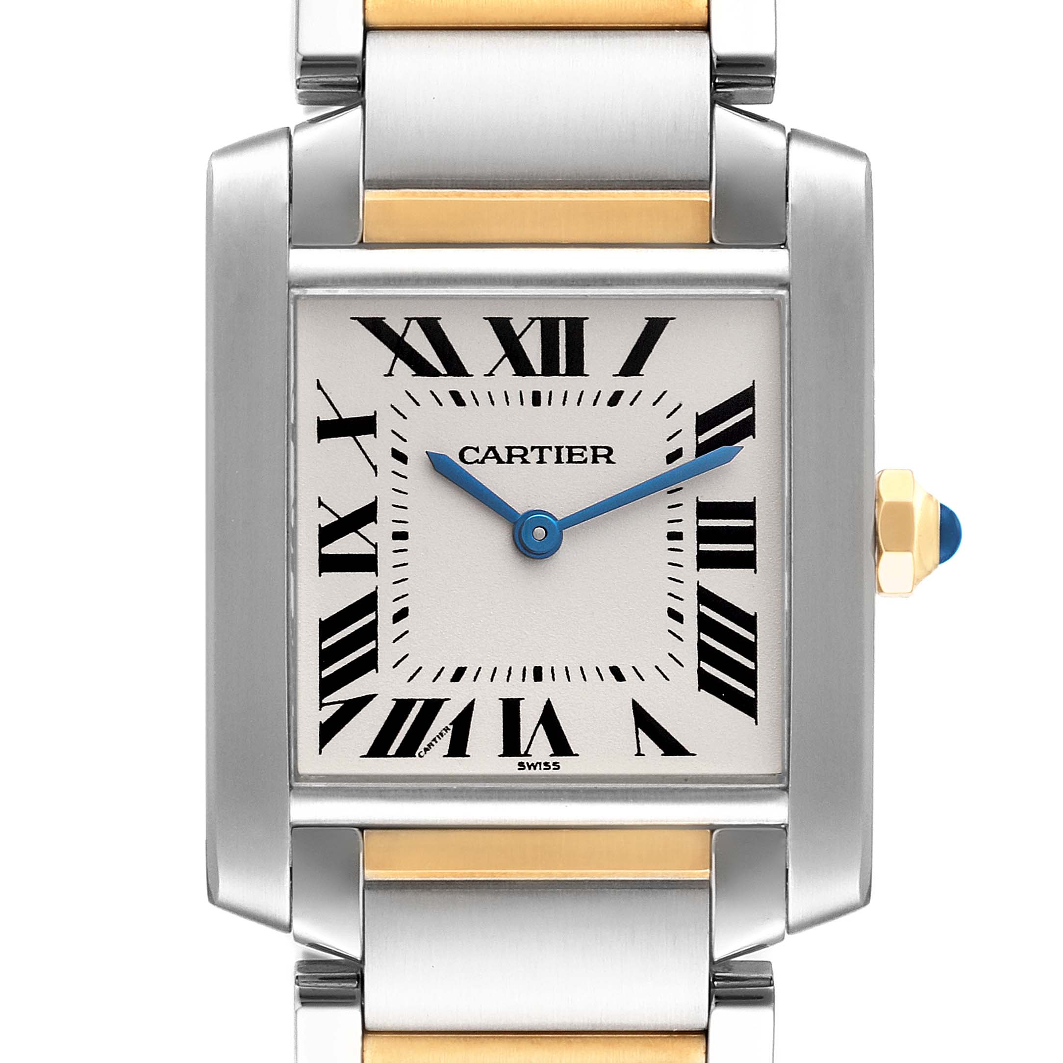 The image shows a close-up view of the Cartier Tank Francaise W2TA0003 Women's Steel and Gold (two tone) Silver Dial W2TA0003 Women's Steel and Gold (two tone) Silver Dial watch's face, its bezel, and part of the bracelet.