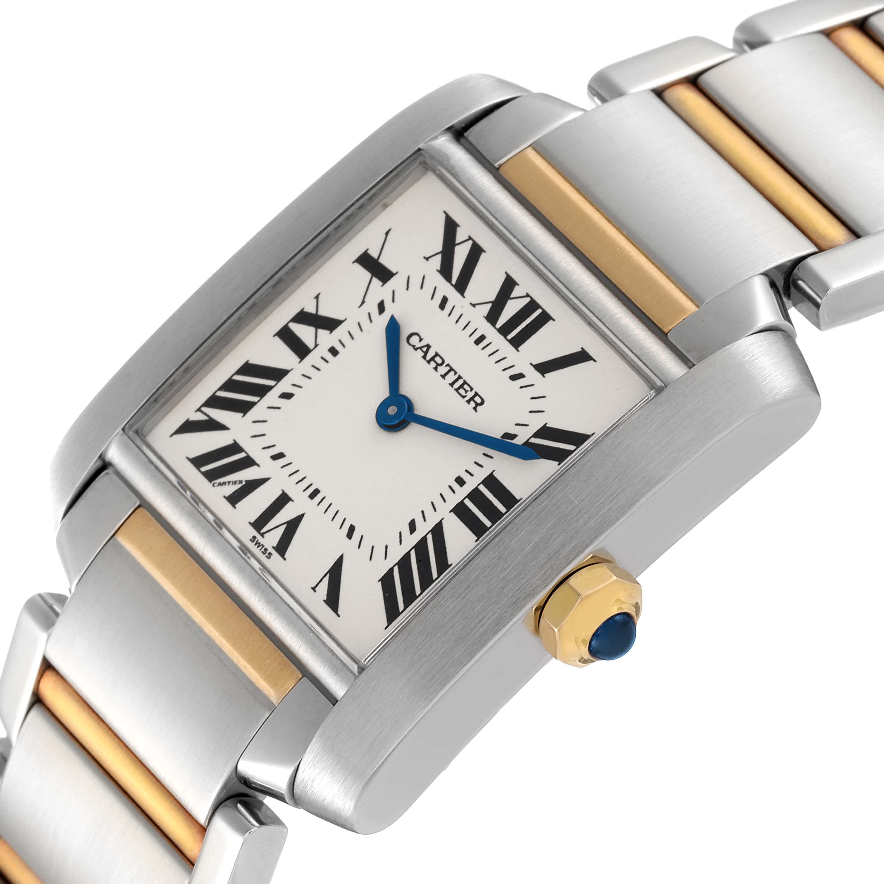The image shows a close-up angle of the Cartier Tank Francaise W2TA0003 Women's Steel and Gold (two tone) Silver Dial W2TA0003 Women's Steel and Gold (two tone) Silver Dial watch, focusing on the face, crown, and part of the bracelet.
