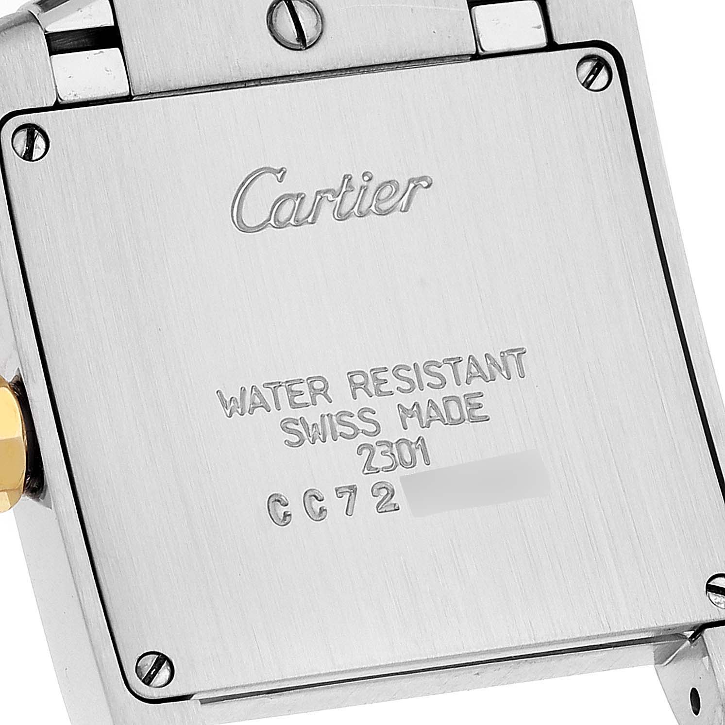 The image shows the back casing of a Cartier Tank Française watch, displaying branding and specifications.