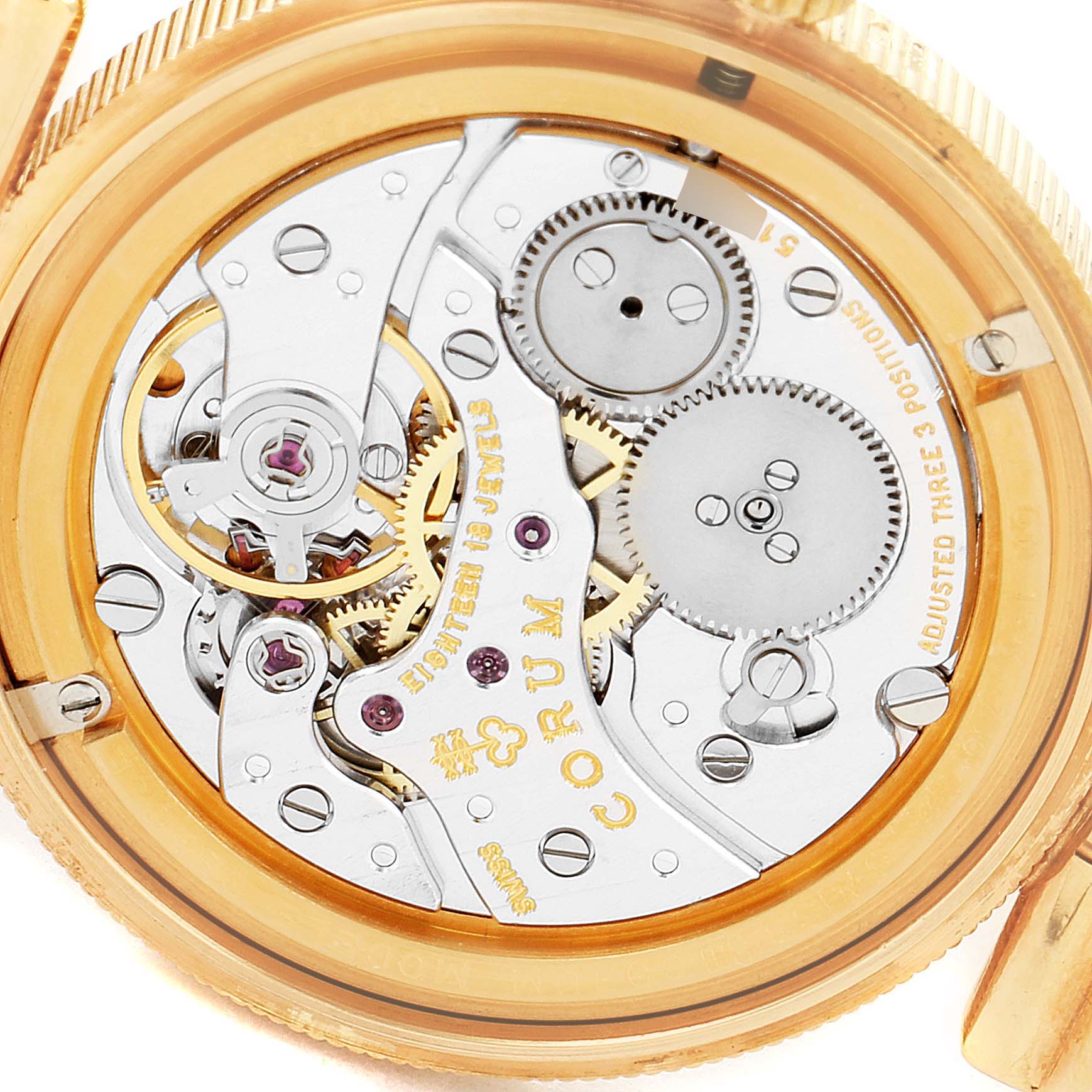 This is the rear angle showing the movement of the Corum 1901 Women's Yellow Gold Black Dial 1901 Women's Yellow Gold Black Dial Coin 10 Dollars Double Eagle Yellow Gold Ladies Watch 1901 model.