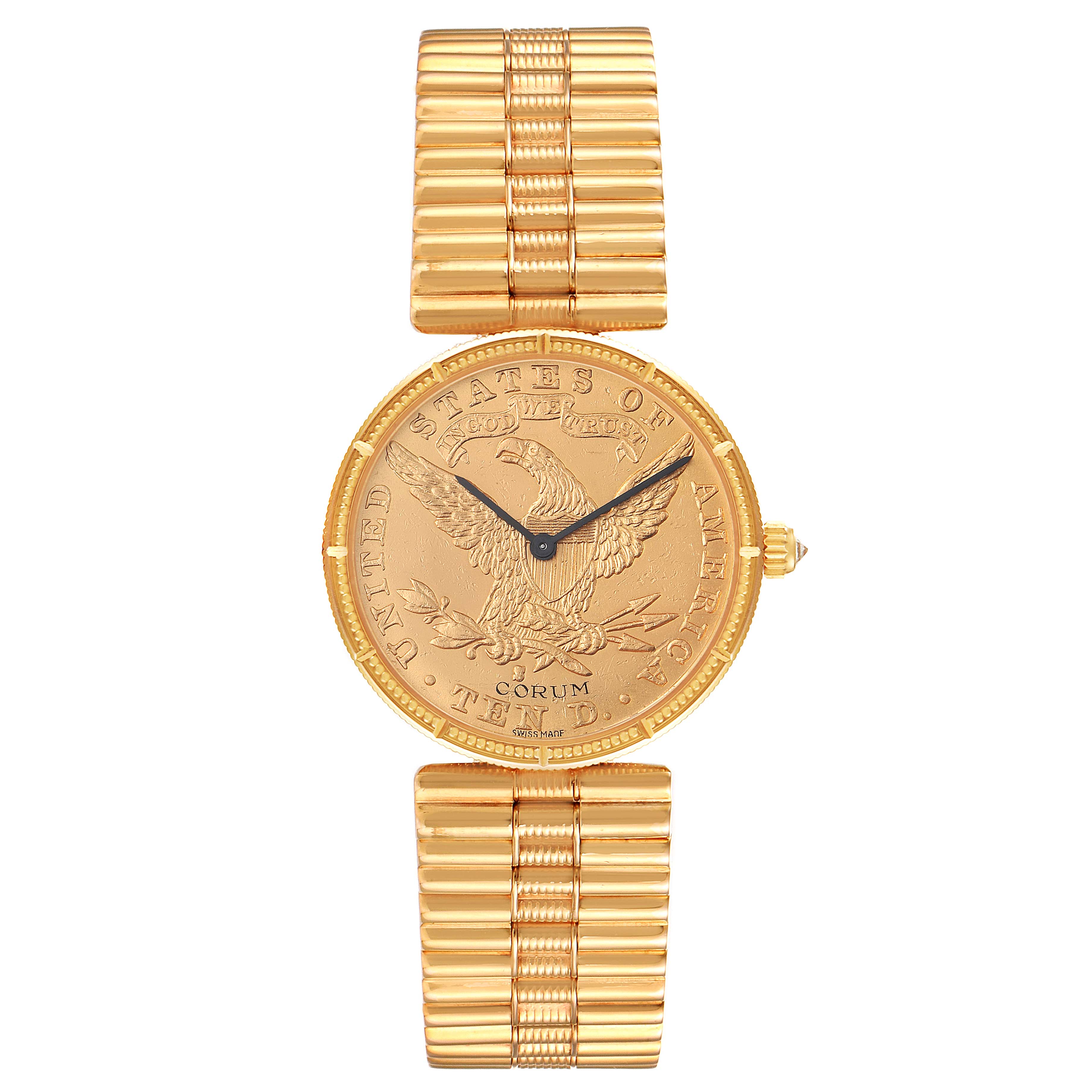 The image shows a frontal view of the Corum 1901 Women's Yellow Gold Black Dial 1901 Women's Yellow Gold Black Dial Coin 10 Dollars Double Eagle Yellow Gold Ladies Watch 1901 model, highlighting its engraved dial and gold band.