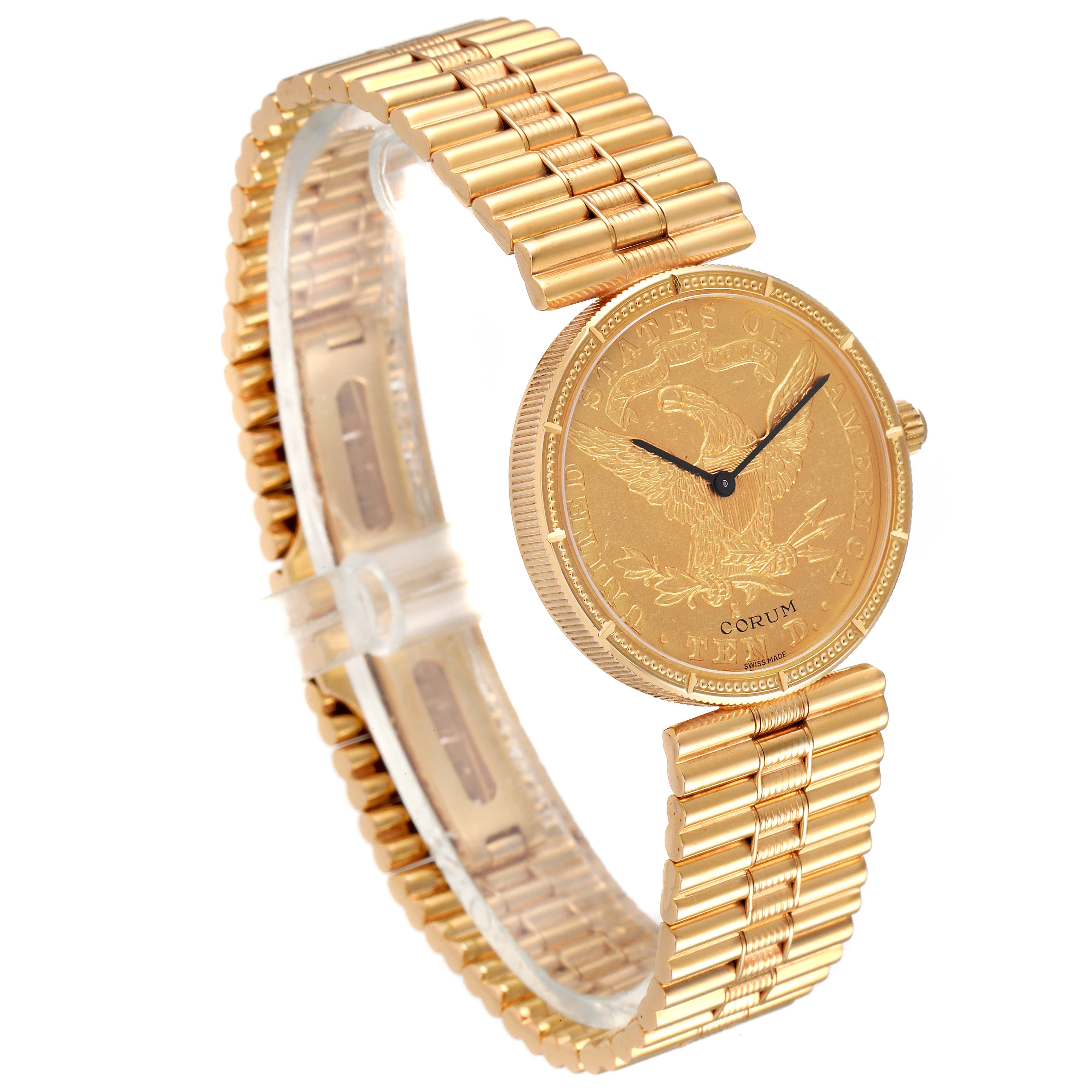 The image shows a Corum 1901 Women's Yellow Gold Black Dial 1901 Women's Yellow Gold Black Dial Coin 10 Dollars Double Eagle Yellow Gold Ladies Watch 1901 model angled to display its face and bracelet.