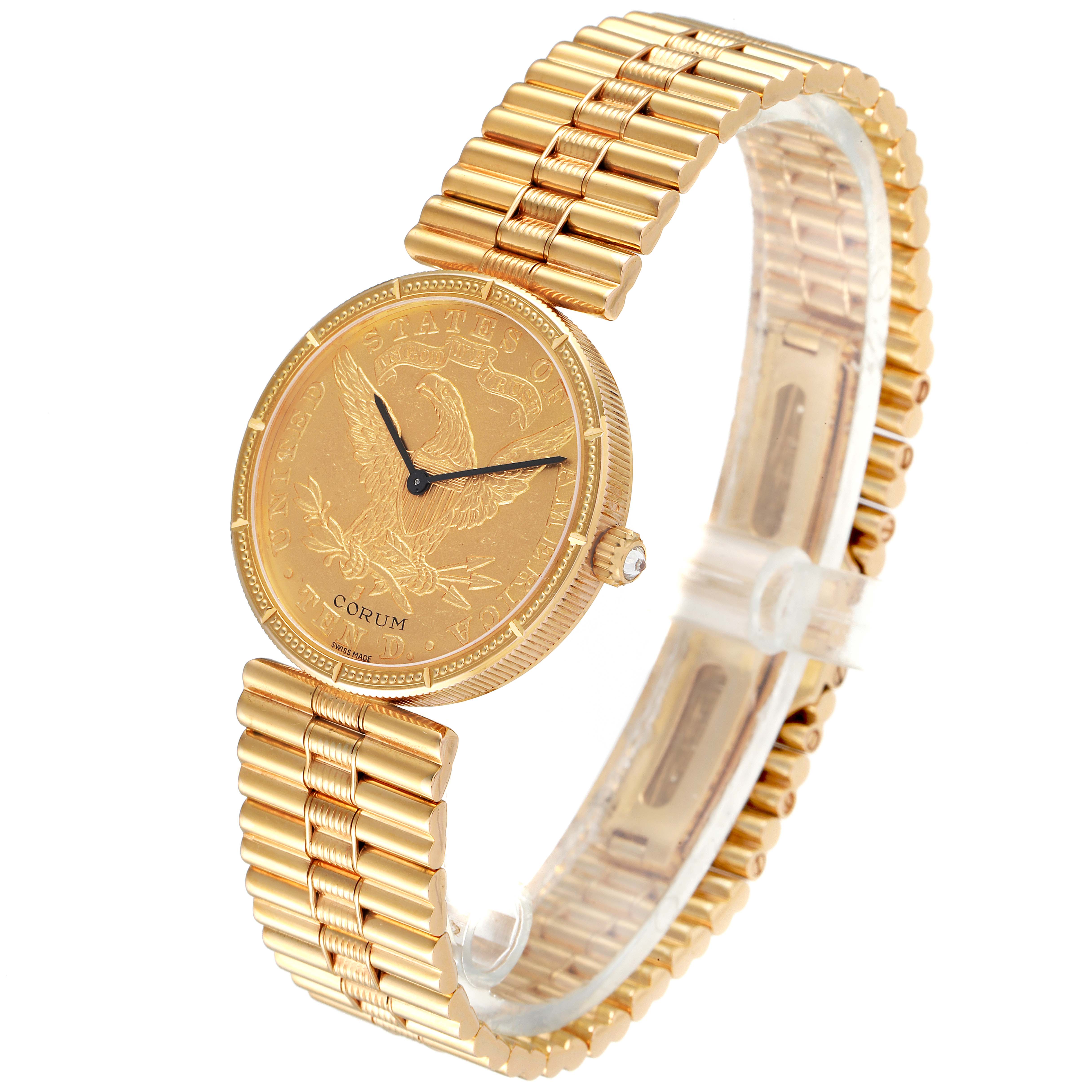 The Corum 1901 Women's Yellow Gold Black Dial 1901 Women's Yellow Gold Black Dial Coin 10 Dollars Double Eagle Yellow Gold Ladies Watch 1901 model is shown at an angled view, highlighting the wristband and face.