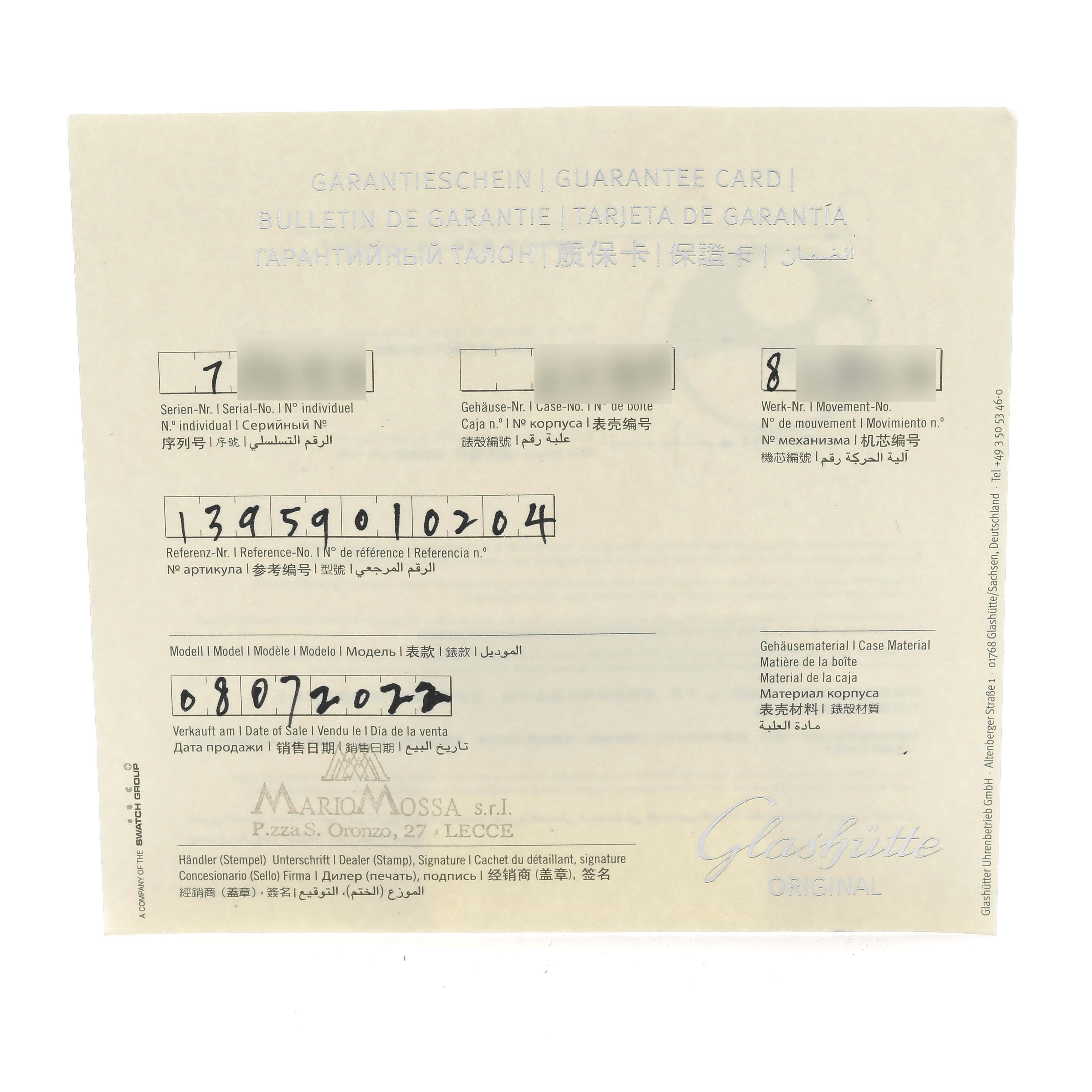 The image shows a guarantee card for a Glashütte Original model watch with handwritten details.