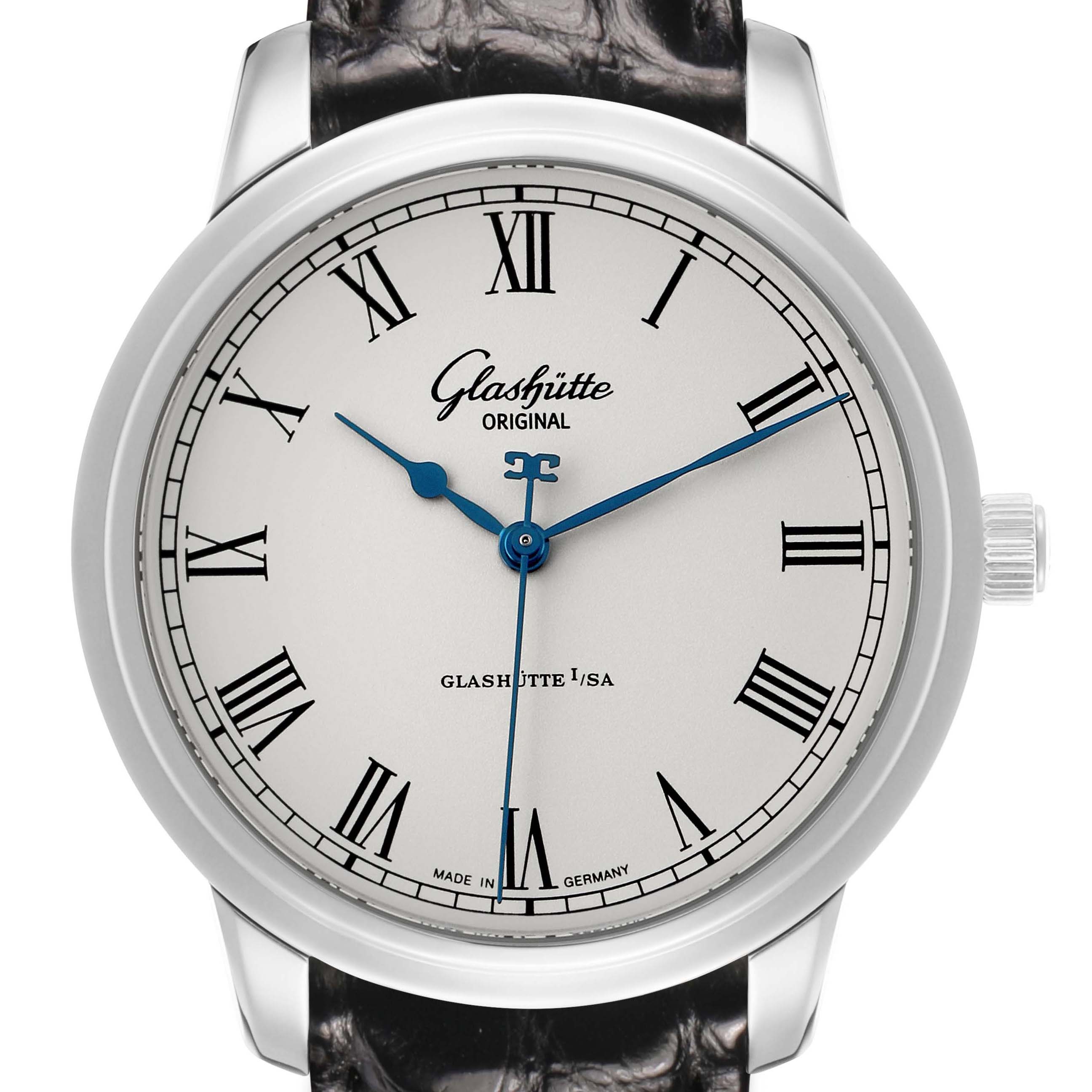 The watch, Glashütte Original model, is shown from the front displaying its face with Roman numerals and a leather strap.