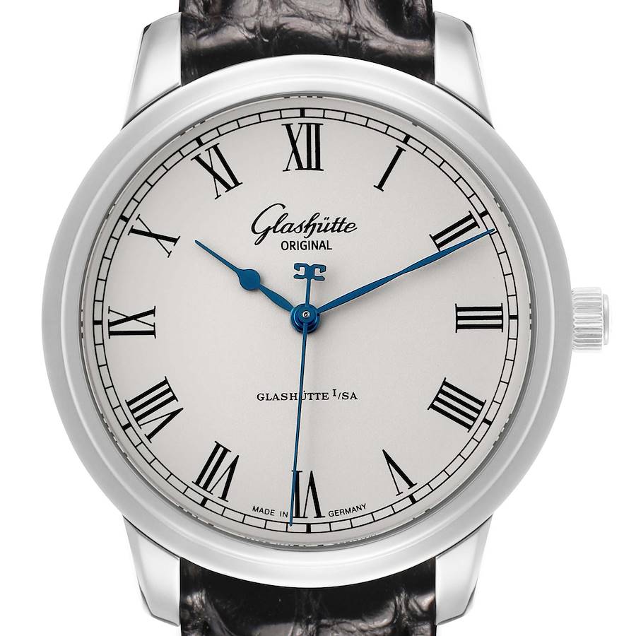 The watch, Glashütte Original model, is shown from the front displaying its face with Roman numerals and a leather strap.