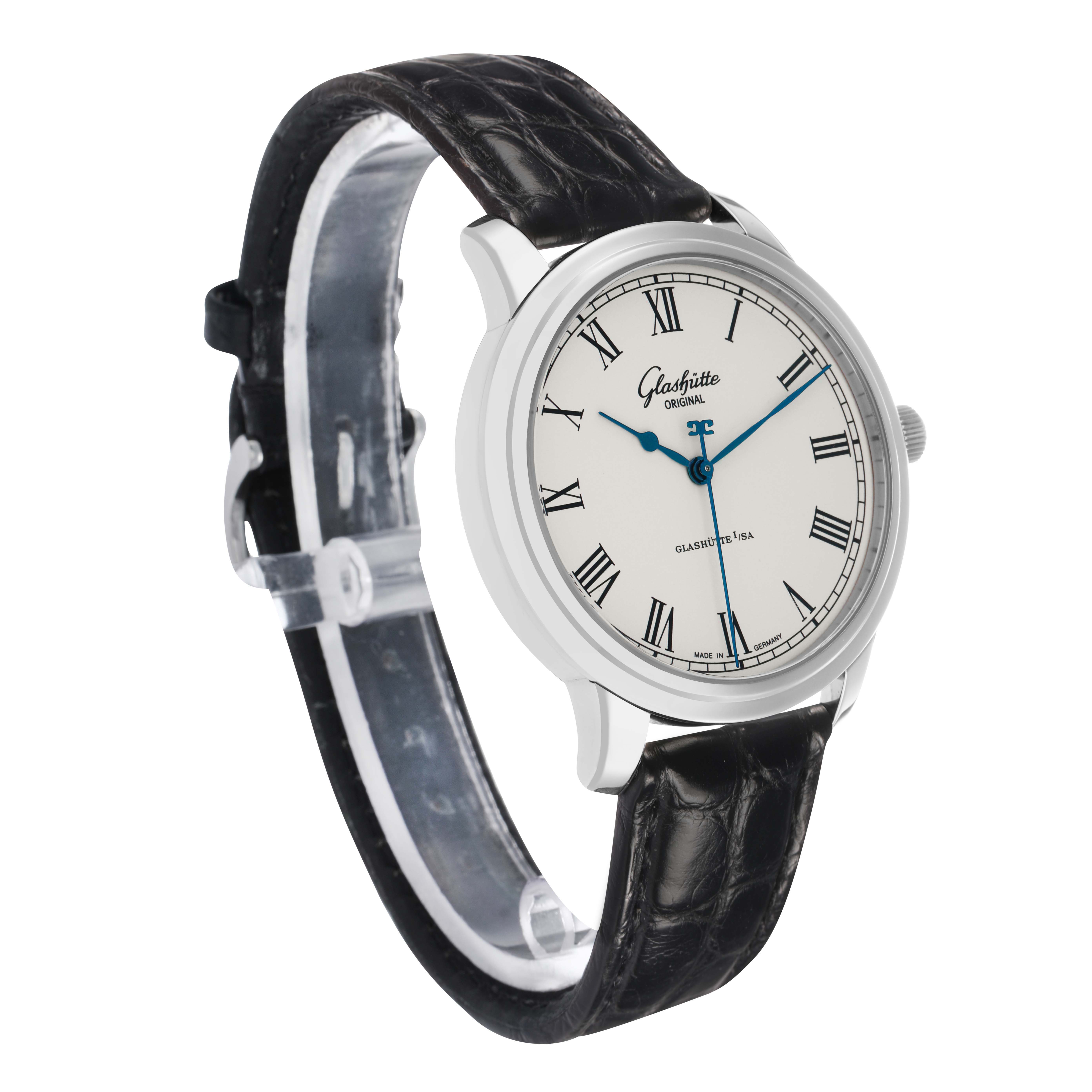The Glashütte Original watch is shown at a three-quarter angle, highlighting its face, black leather strap, and case.