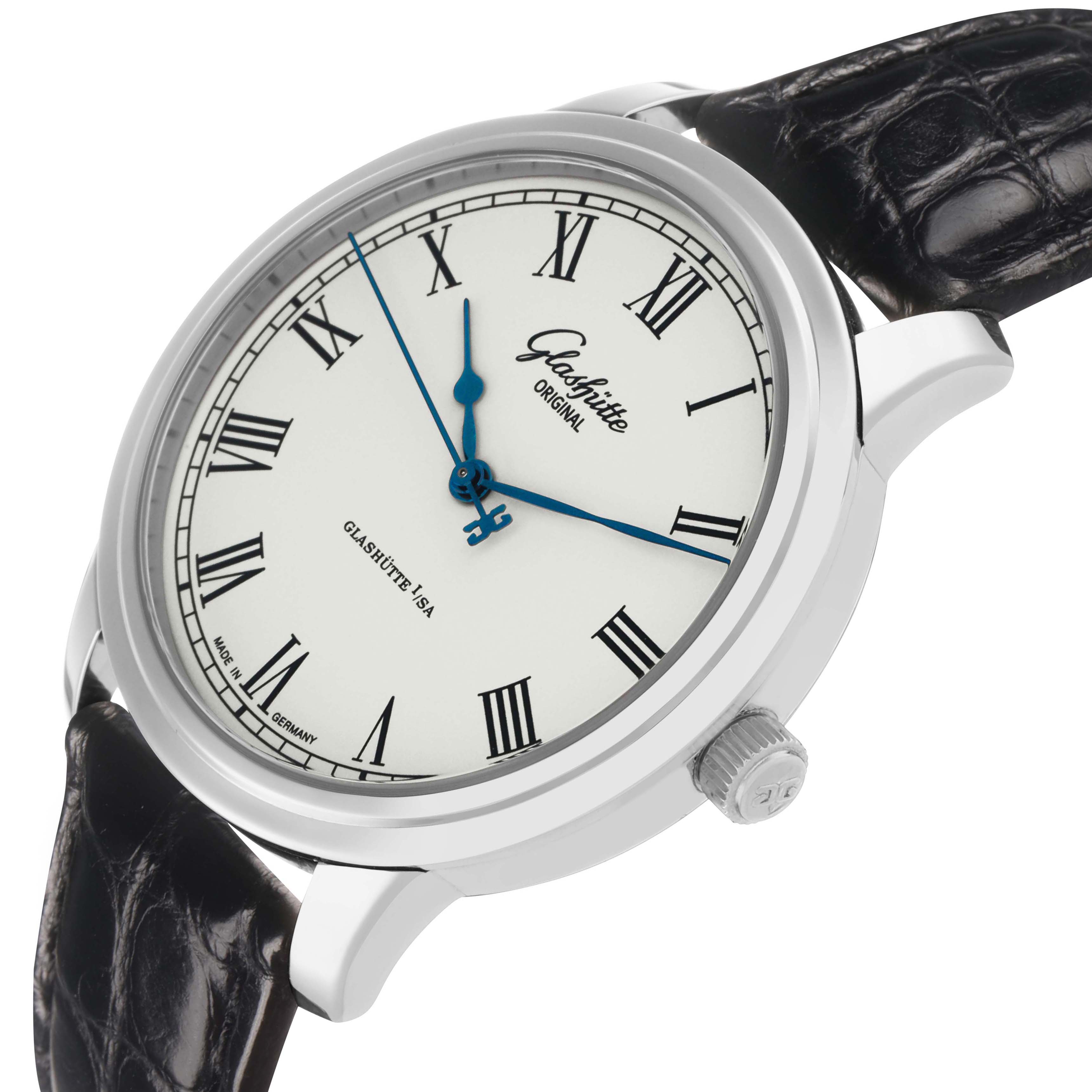 The Glashütte Original watch is shown from a side angle, highlighting the white dial, blue hands, Roman numerals, crown, and leather strap.