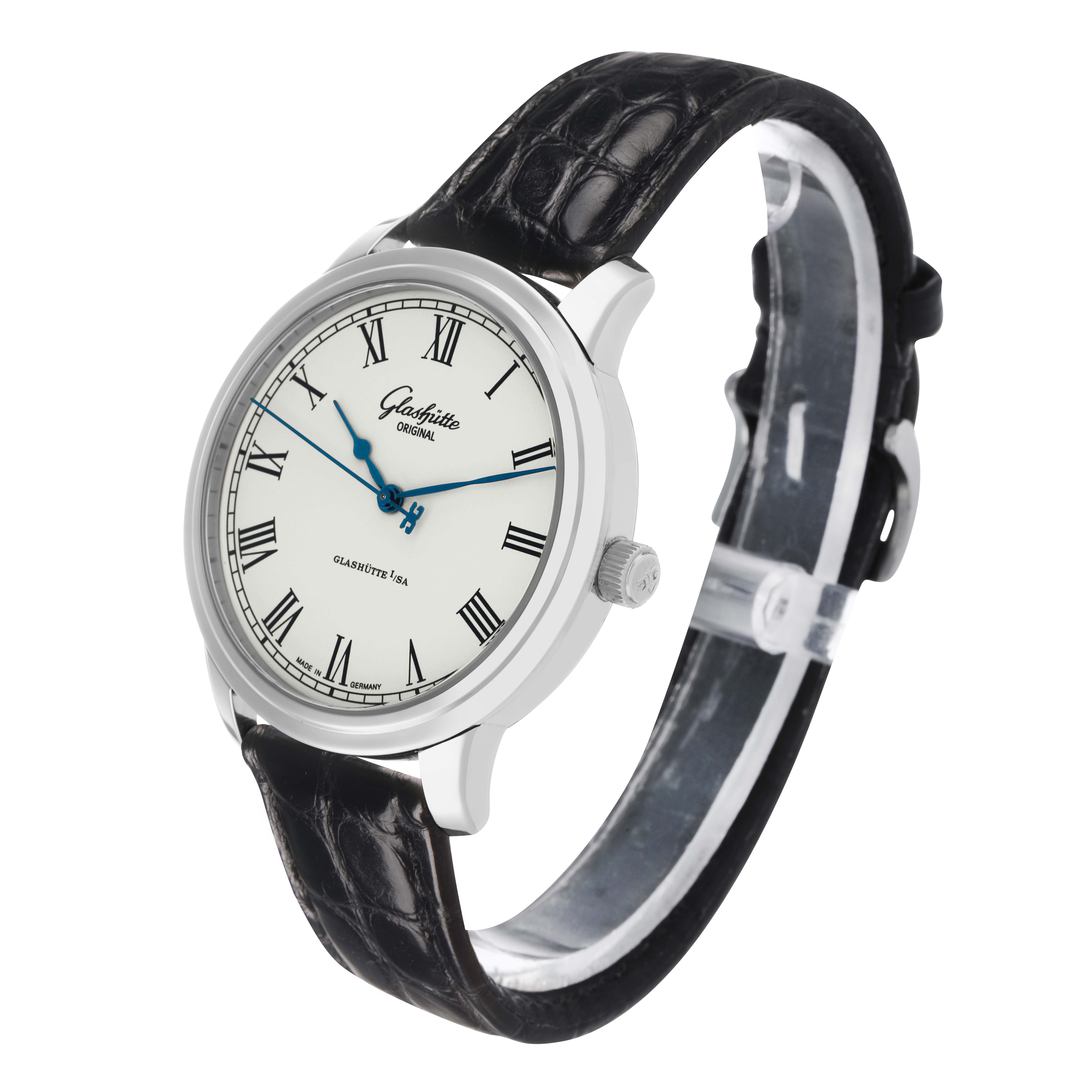 The watch shows a side angle of the Glashütte Original model, featuring the dial, blue hands, crown, and leather strap.