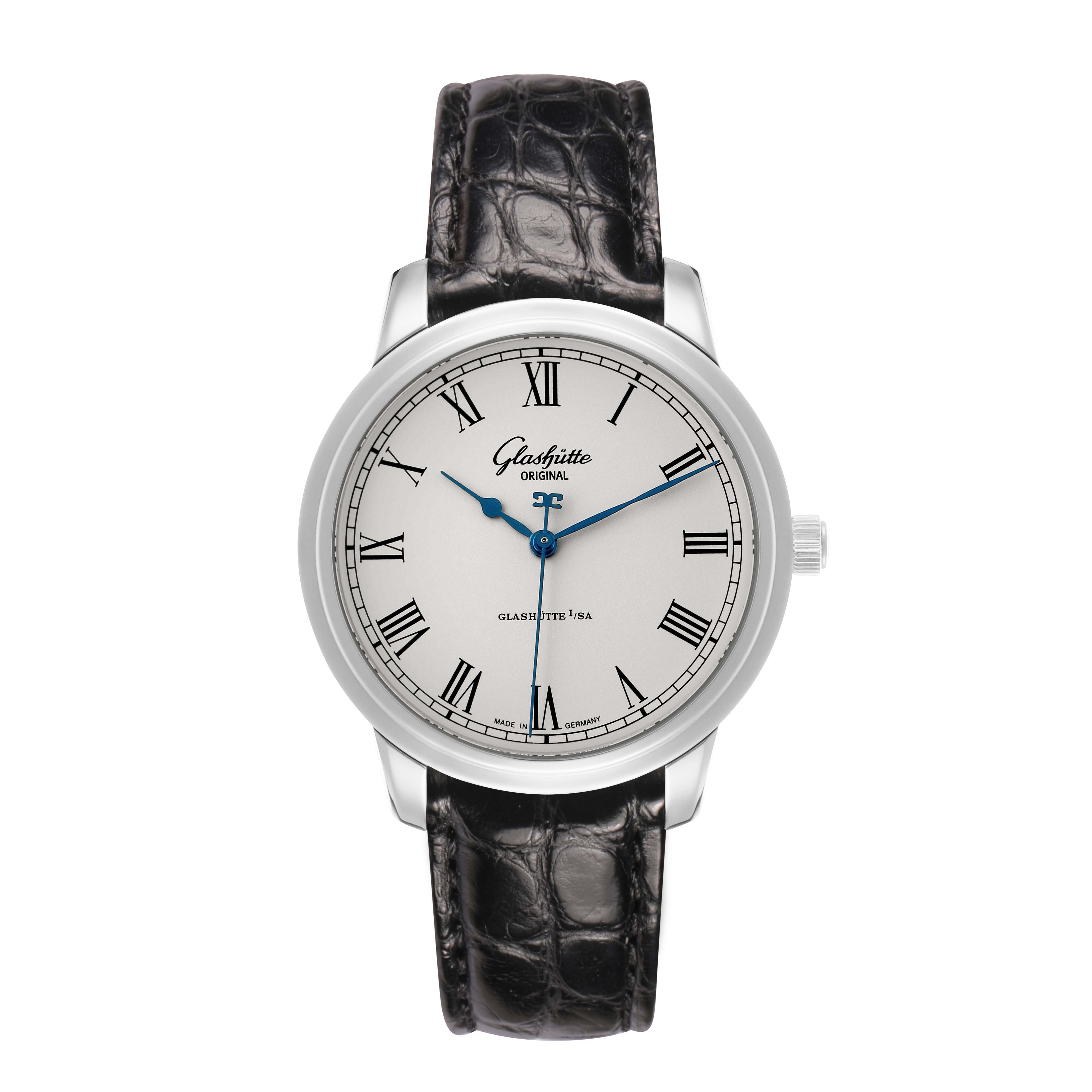 The Glashütte Original watch is shown from the front, displaying the face, hands, Roman numerals, and a leather strap.