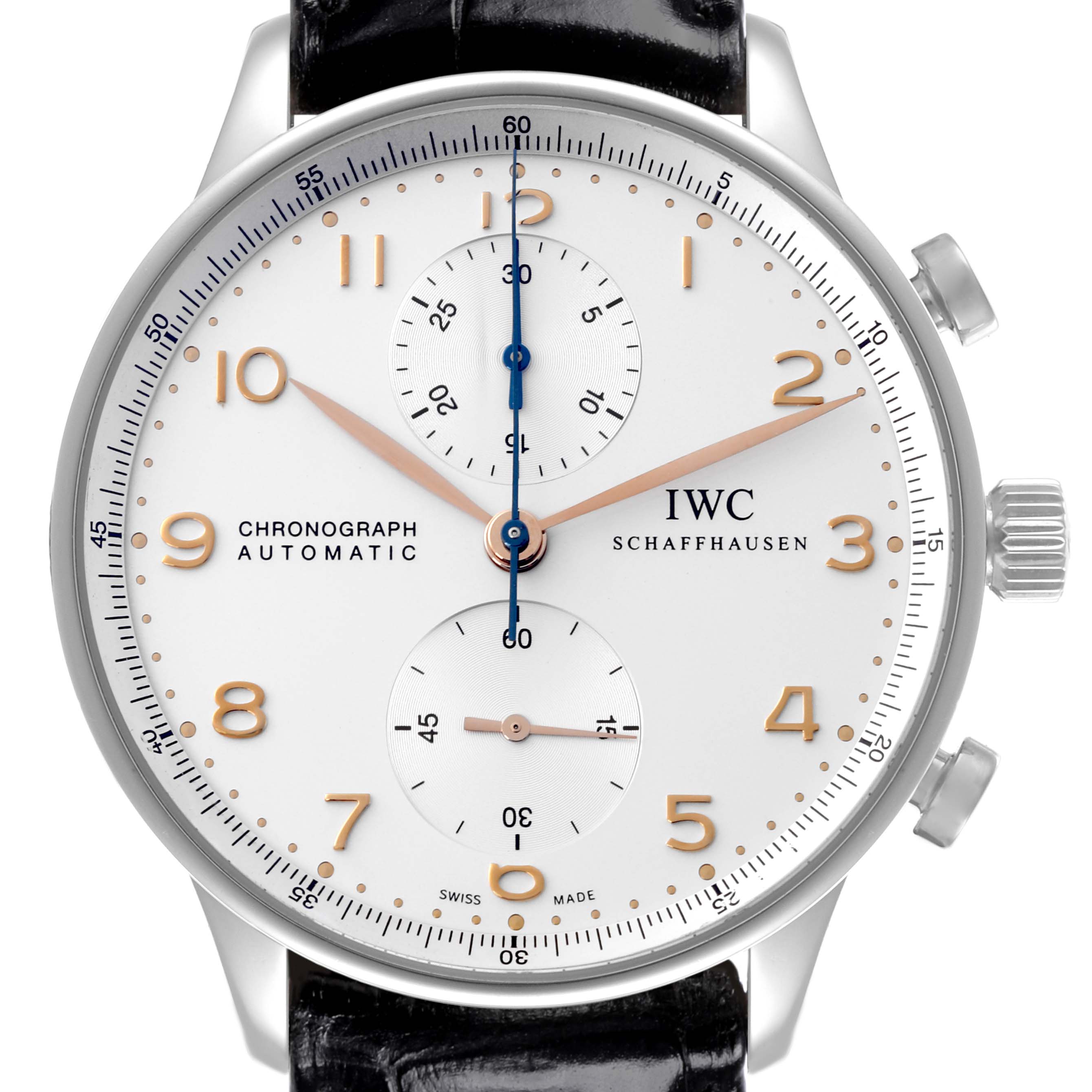 The IWC Portuguese IW371401 Men's Stainless Steel Silver Dial IW371401 Men's Stainless Steel Silver Dial watch is shown from the front, highlighting the face, hands, dials, and crown.