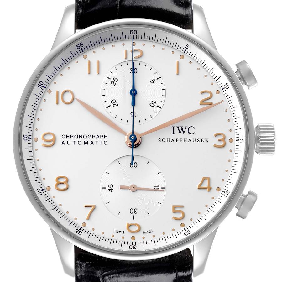 The IWC Portuguese watch is shown from the front, highlighting the face, hands, dials, and crown.