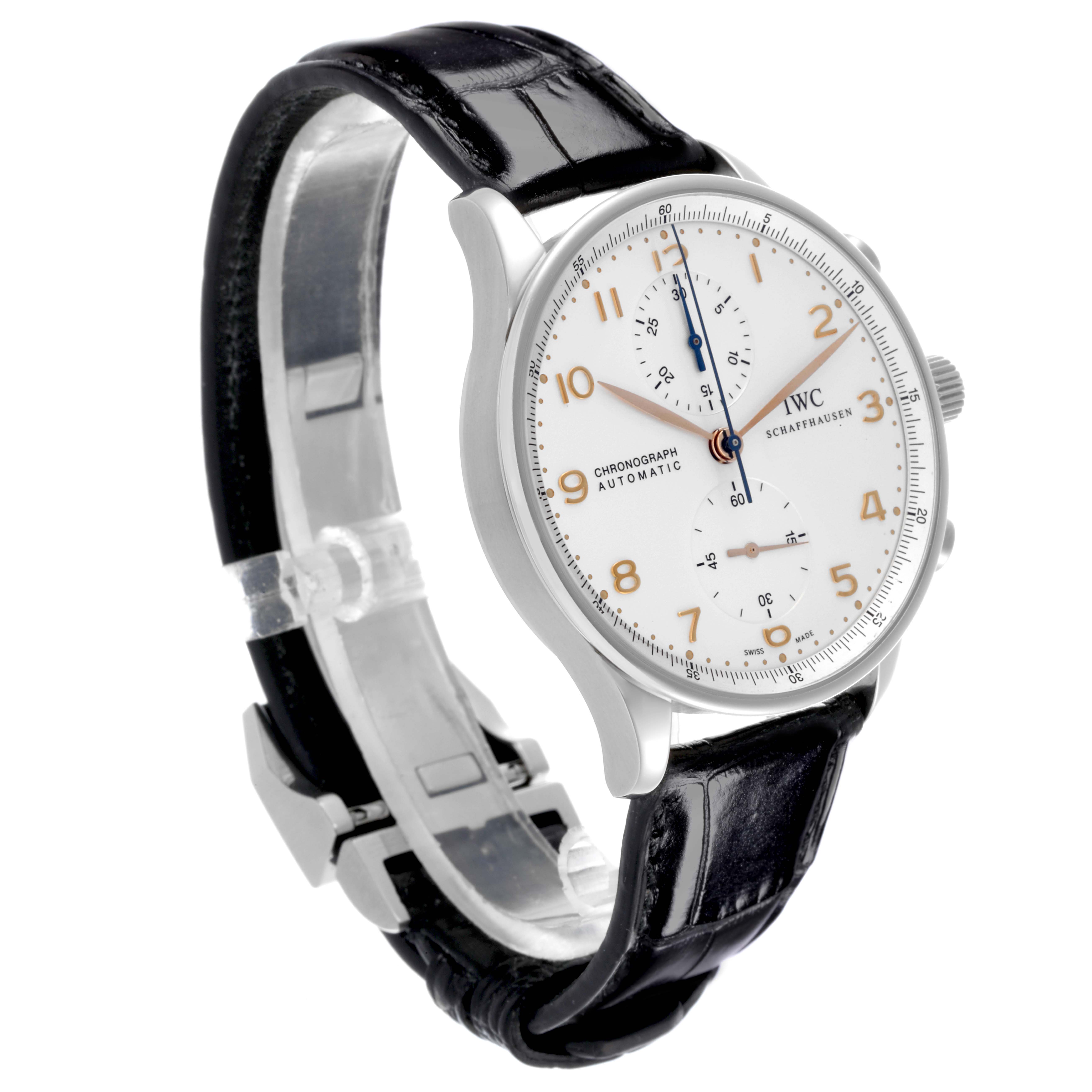 The IWC Portuguese IW371401 Men's Stainless Steel Silver Dial IW371401 Men's Stainless Steel Silver Dial watch is shown at a three-quarter angle, displaying the face, crown, case, and black leather strap.