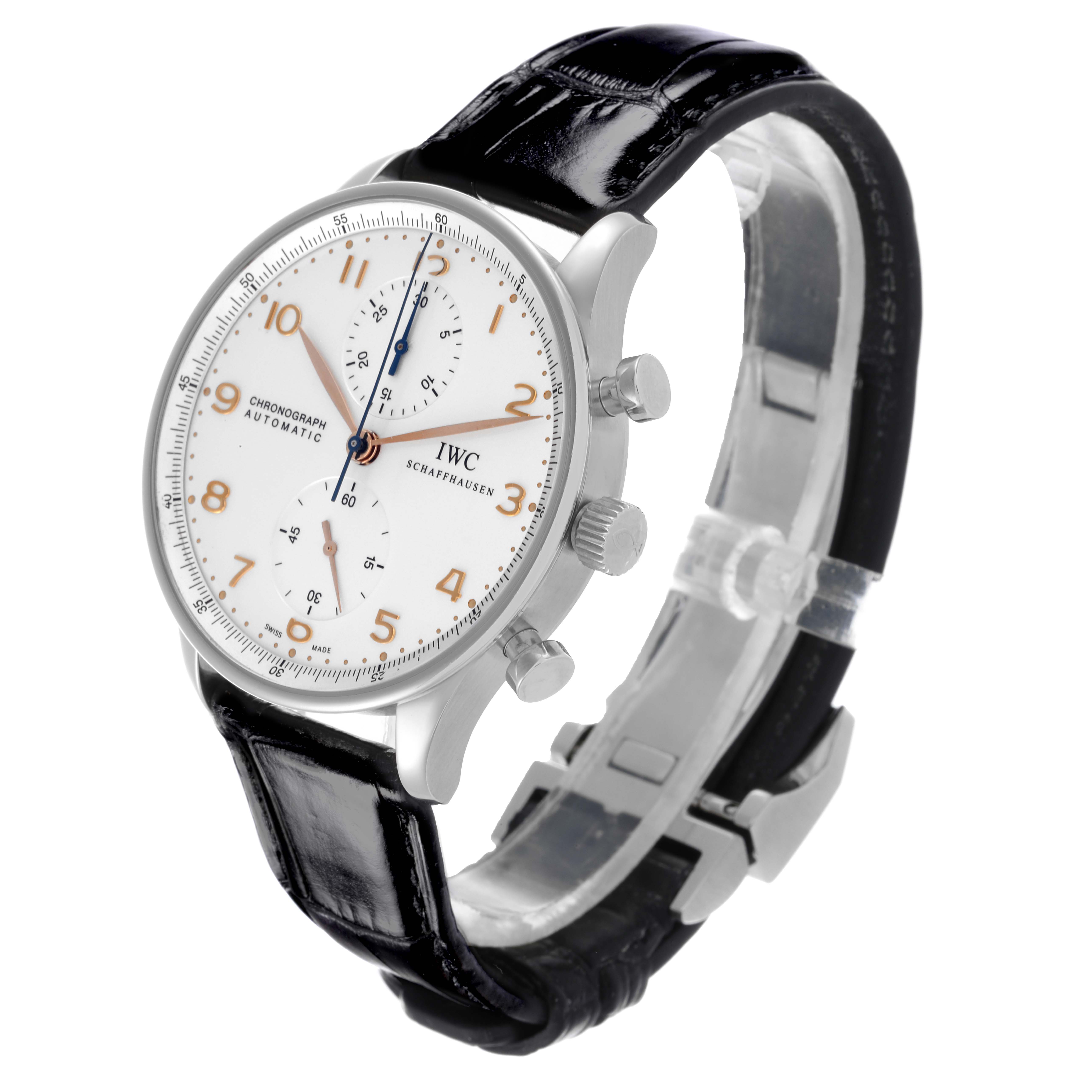 The IWC Portuguese IW371401 Men's Stainless Steel Silver Dial IW371401 Men's Stainless Steel Silver Dial watch is shown at a slight angle, highlighting the face, case, and leather strap.