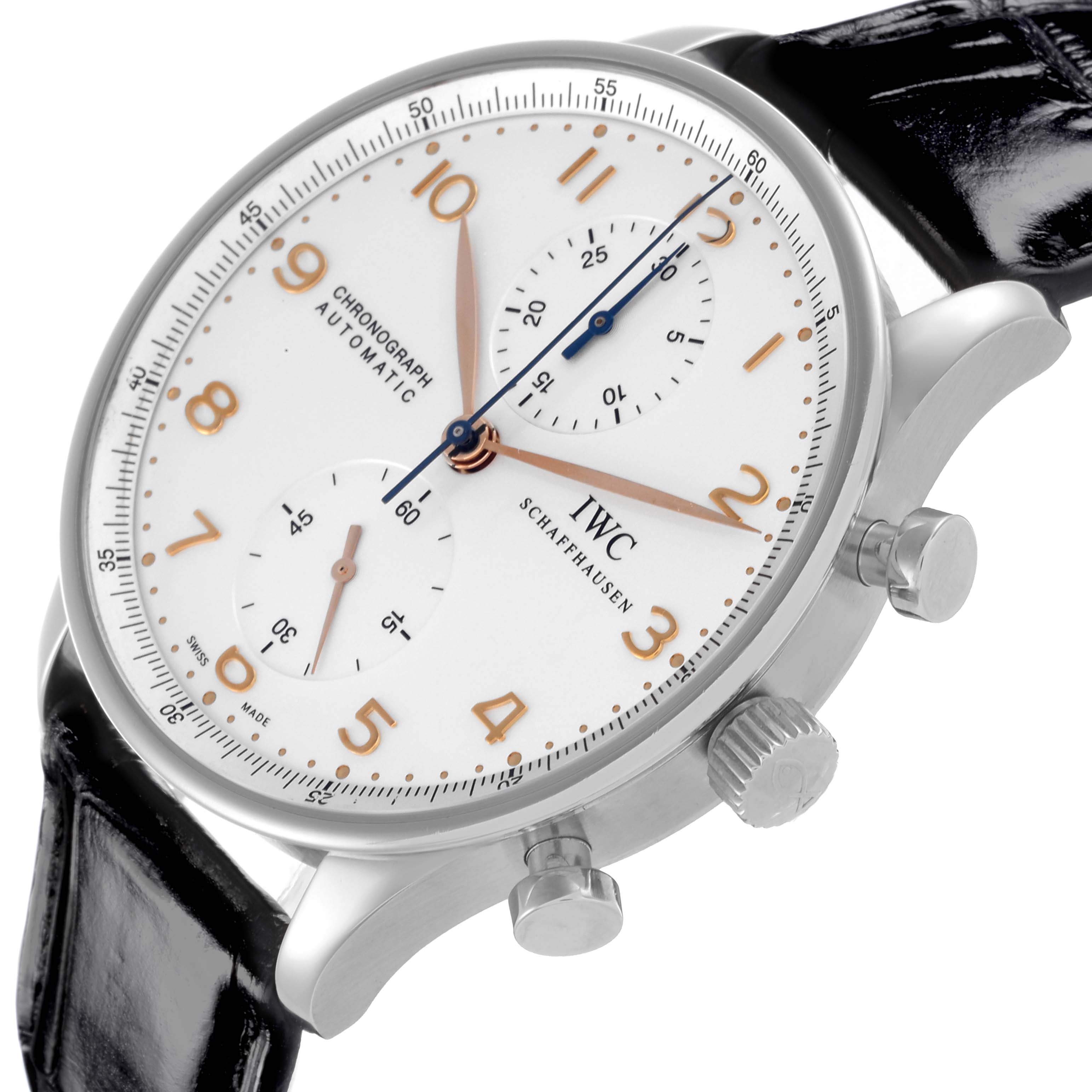 The IWC Portuguese IW371401 Men's Stainless Steel Silver Dial IW371401 Men's Stainless Steel Silver Dial watch is shown at an angled side view, highlighting the dial, crown, and pushers.