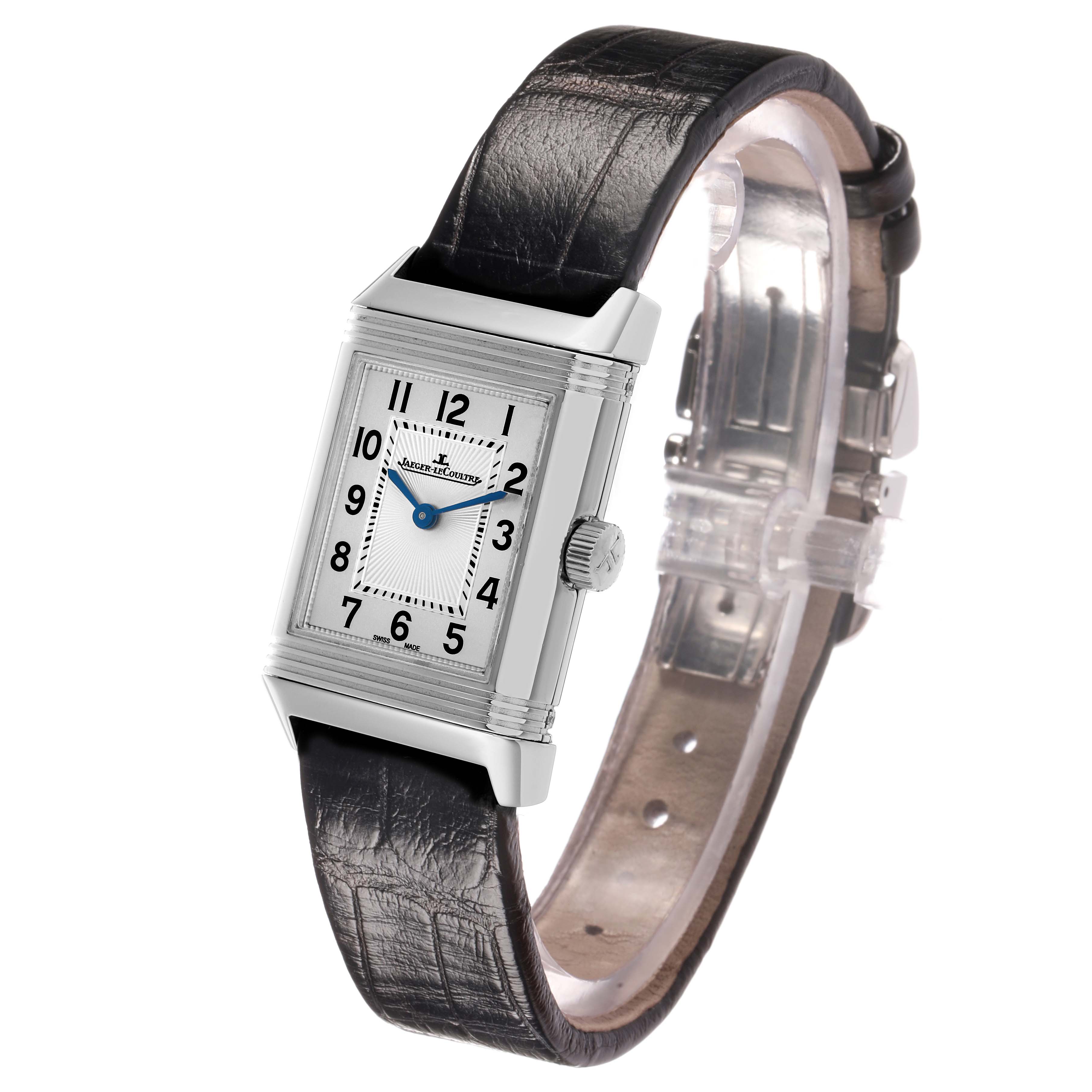 This Jaeger-LeCoultre Reverso watch is shown at a slight angle, highlighting the face, crown, and leather strap.