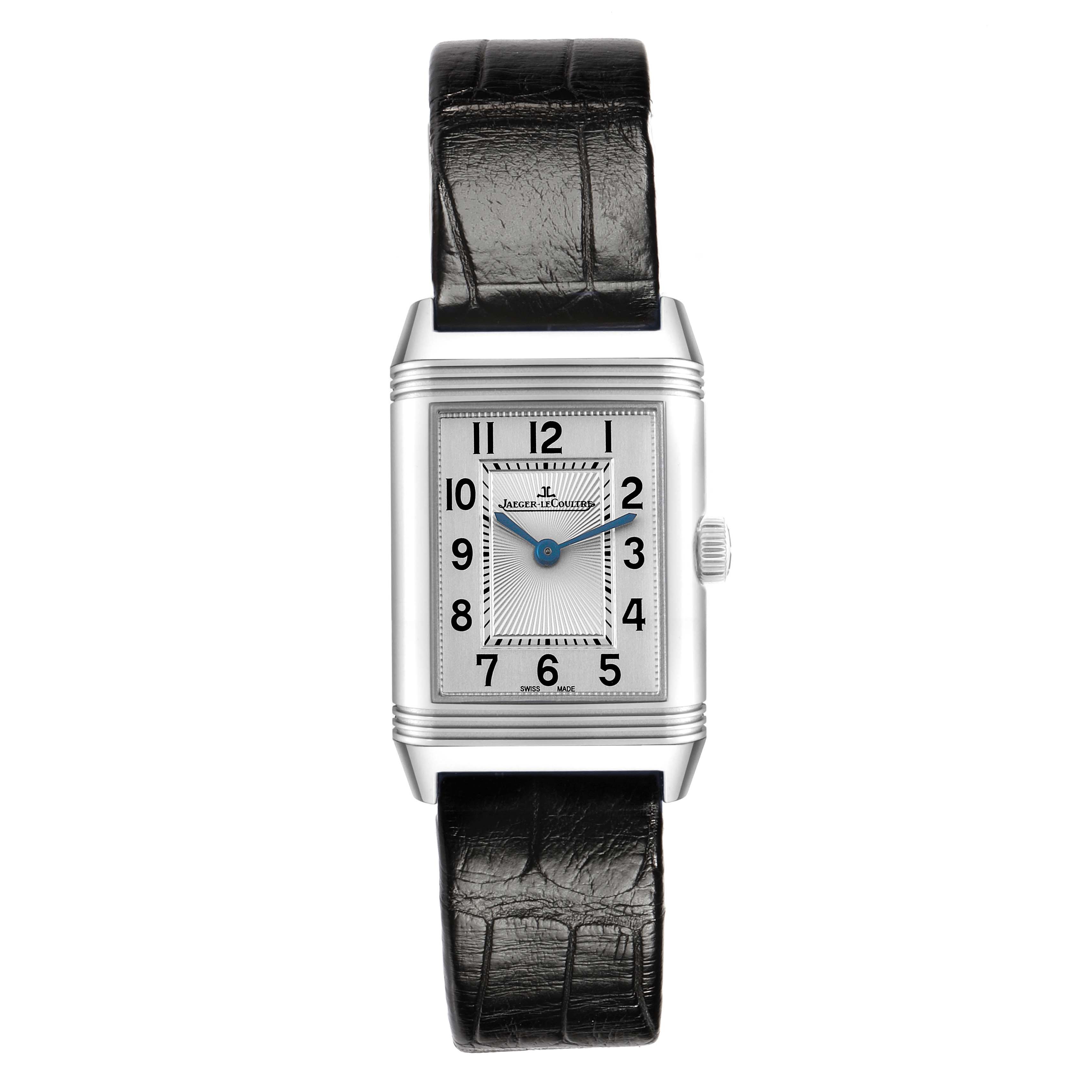 The Jaeger LeCoultre Reverso Q2668430 Women's Stainless Steel Silver Dial watch is shown from the front, displaying the face, hands, crown, and strap.