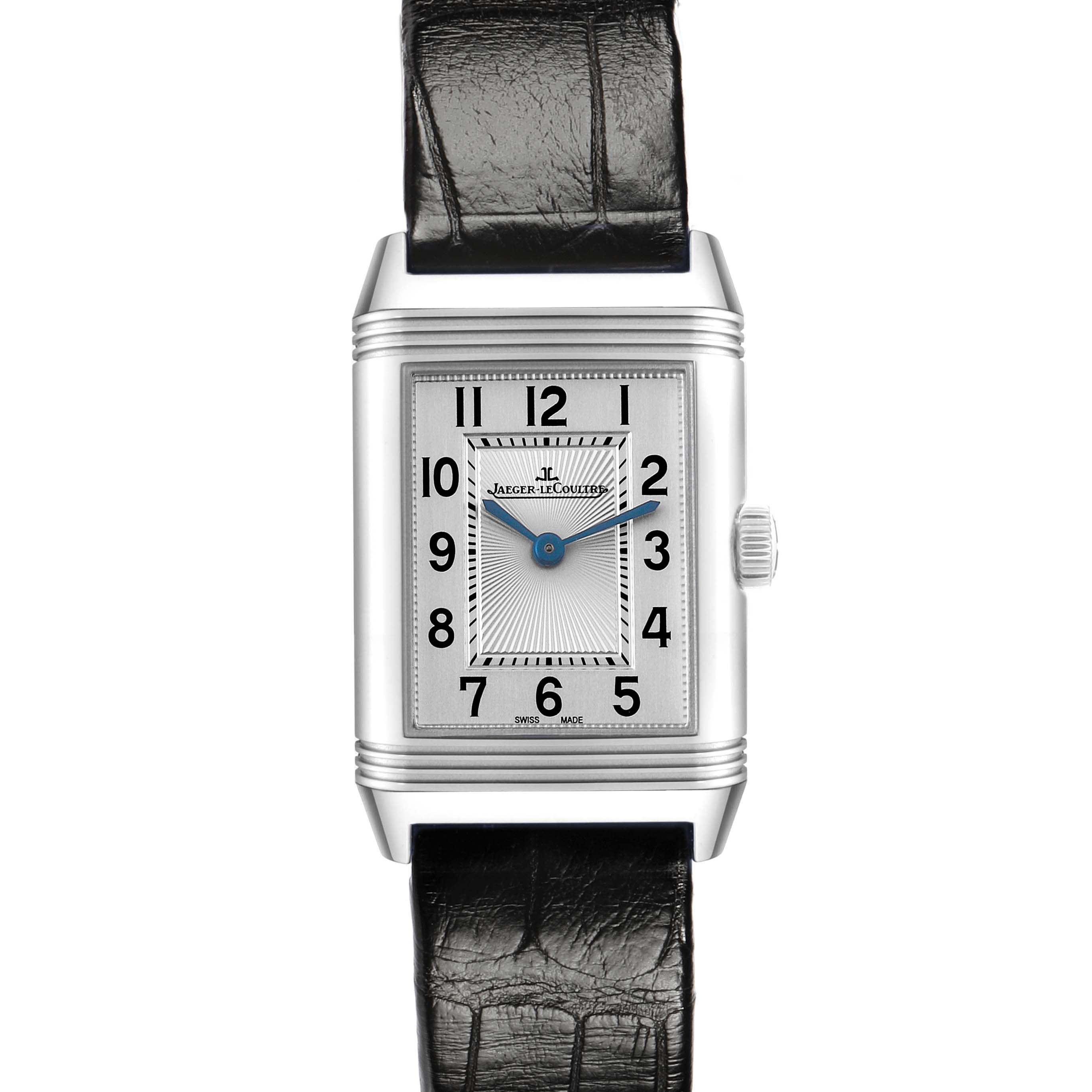 The image shows a frontal view of the Jaeger LeCoultre Reverso Q2668430 Women's Stainless Steel Silver Dial watch, highlighting the dial, case, crown, and leather strap.