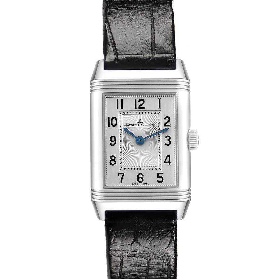 The image shows a frontal view of the Jaeger LeCoultre Reverso Q2668430 Women's Stainless Steel Silver Dial watch, highlighting the dial, case, crown, and leather strap.