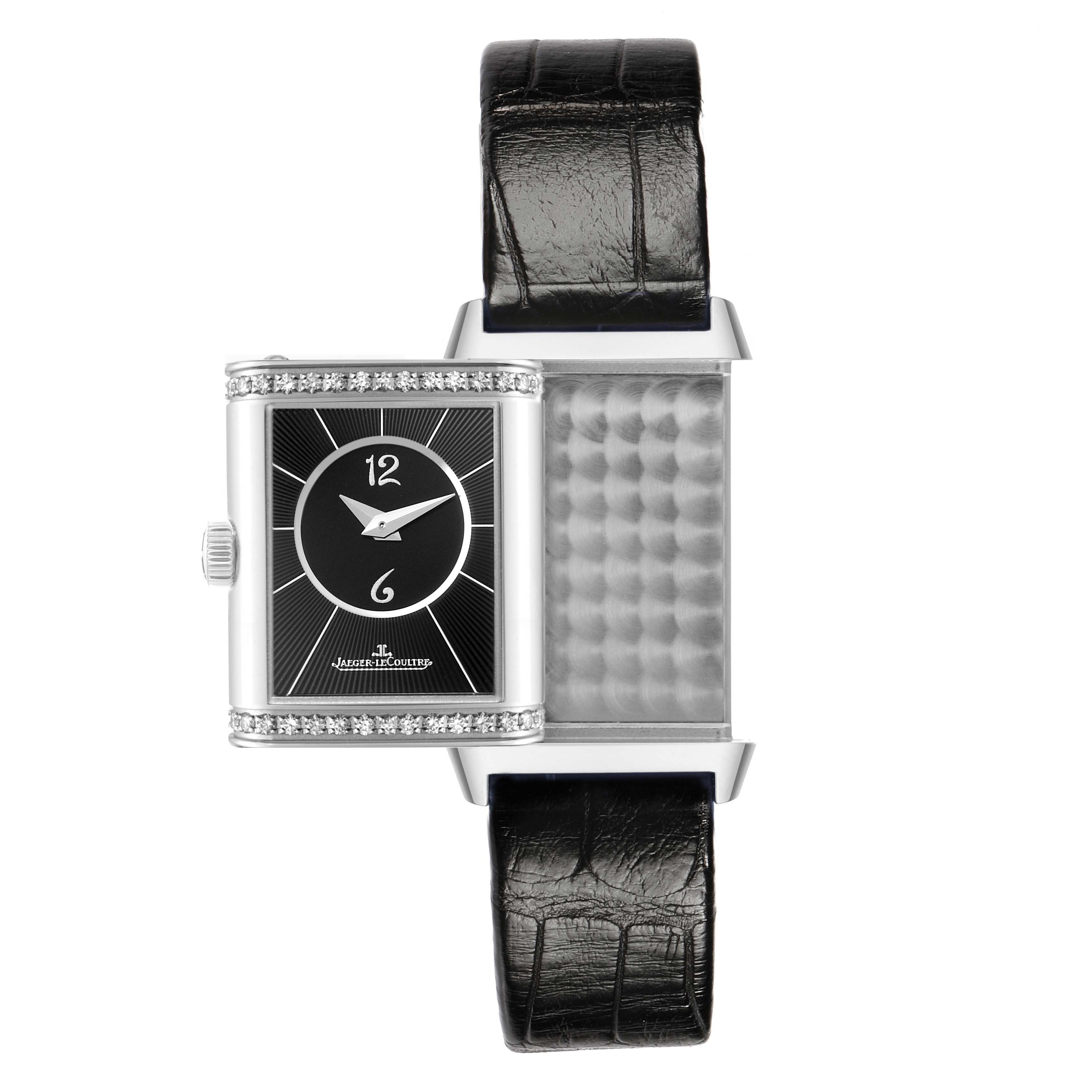 The Jaeger-LeCoultre Reverso watch is shown from the side, emphasizing the reversible case display and one strap.