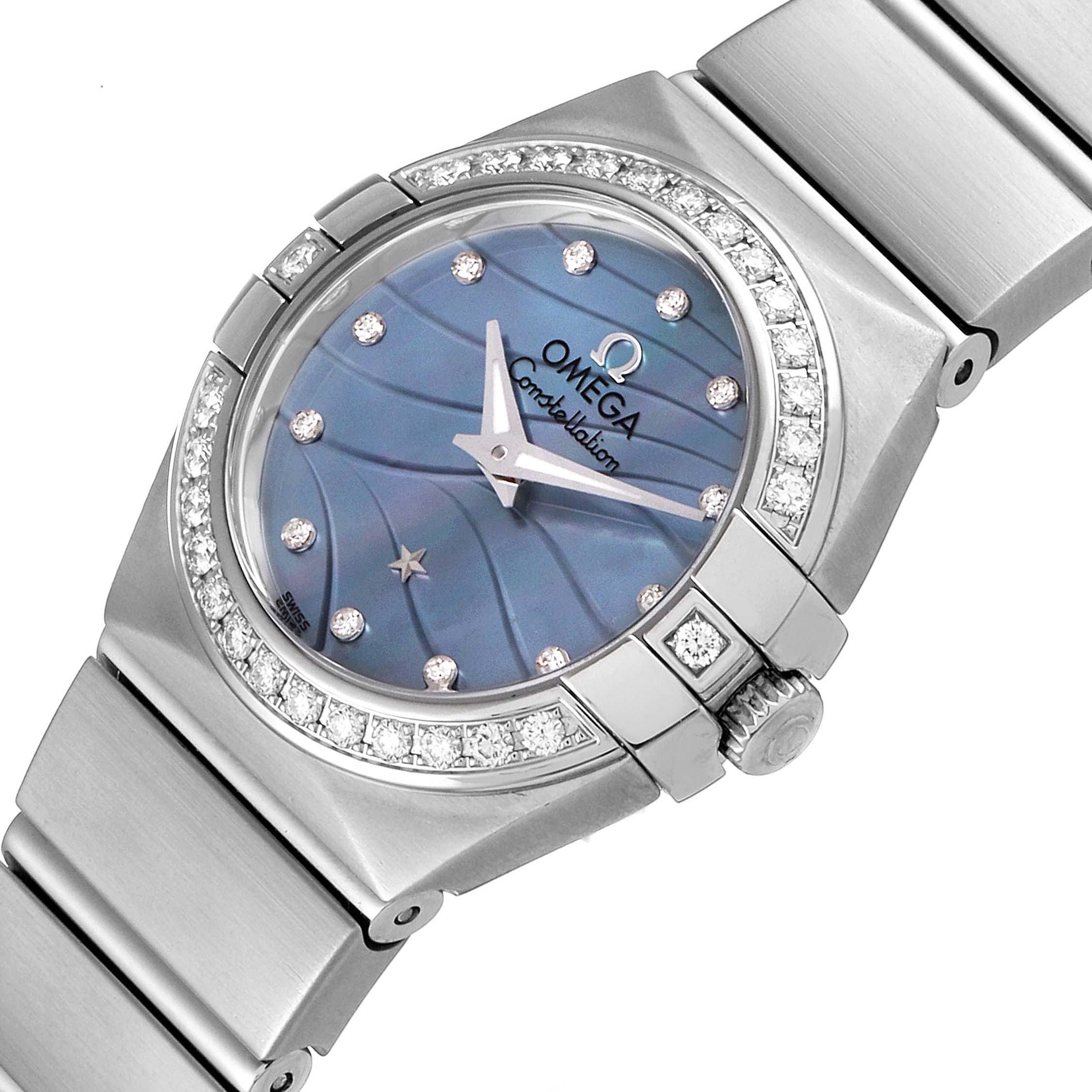 The image shows the Omega 123.15.24.60.57.001 Women's Stainless Steel Mother of Pearl Dial 123.15.24.60.57.001 Women's Stainless Steel Mother of Pearl Dial Constellation Mother of Pearl Diamond Steel Ladies Watch model 123.15.24.60.57.001 from an angled top view.