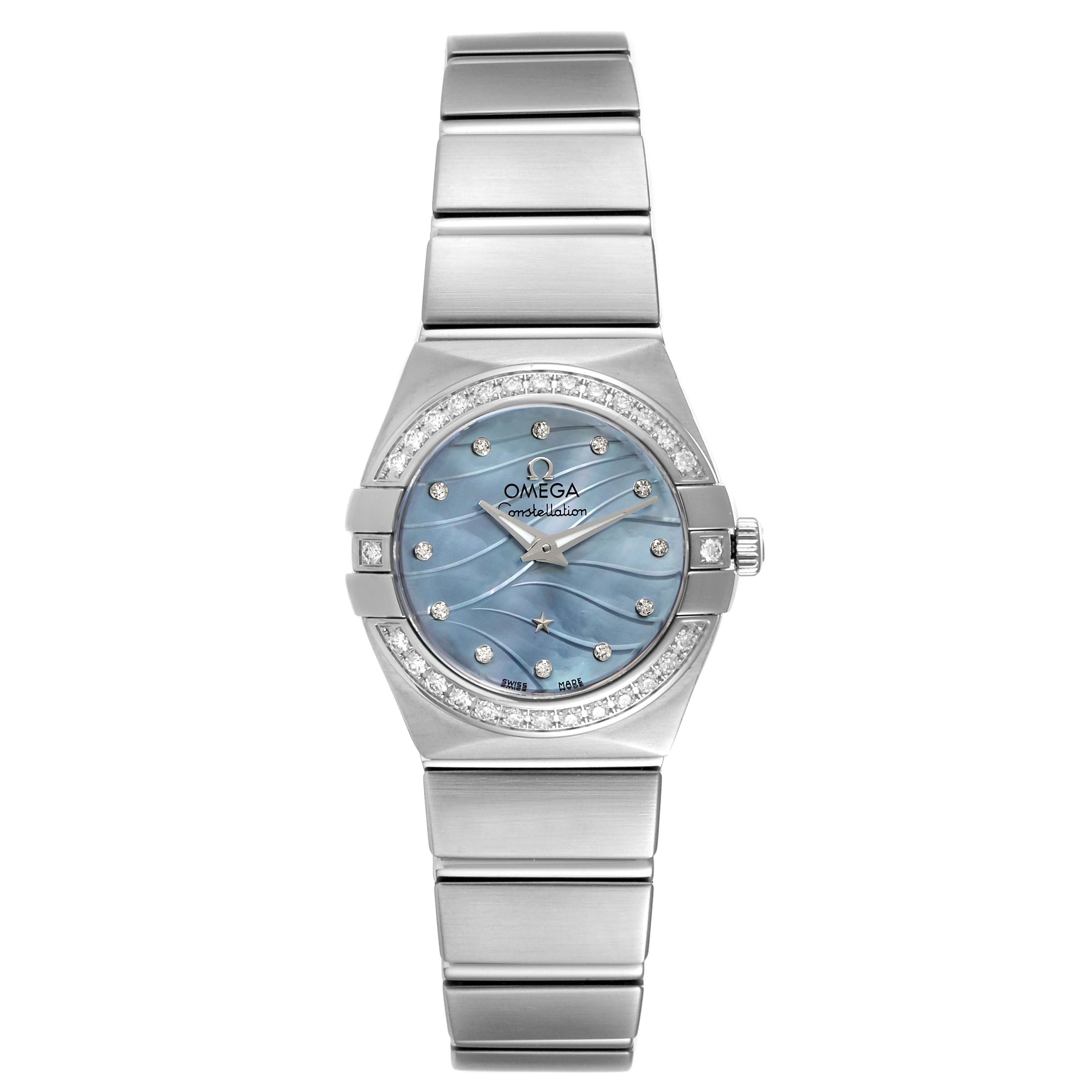 The image shows a front view of the Omega 123.15.24.60.57.001 Women's Stainless Steel Mother of Pearl Dial 123.15.24.60.57.001 Women's Stainless Steel Mother of Pearl Dial Constellation Mother of Pearl Diamond Steel Ladies Watch, model 123.15.24.60.57.001.