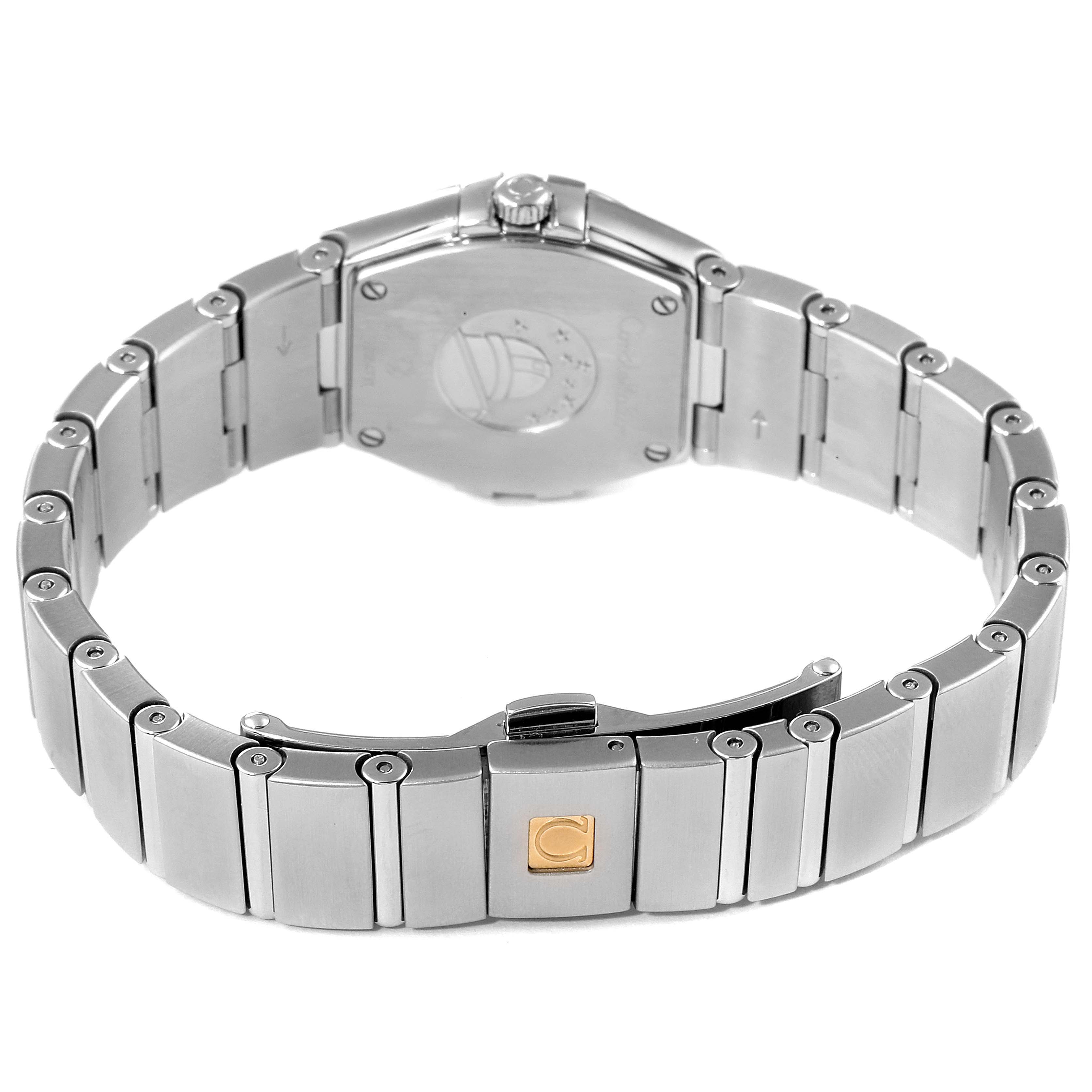 The image shows the back and bracelet of the Omega 123.15.24.60.57.001 Women's Stainless Steel Mother of Pearl Dial 123.15.24.60.57.001 Women's Stainless Steel Mother of Pearl Dial Constellation Mother of Pearl Diamond Steel Ladies Watch 123.15.24.60.57.001.