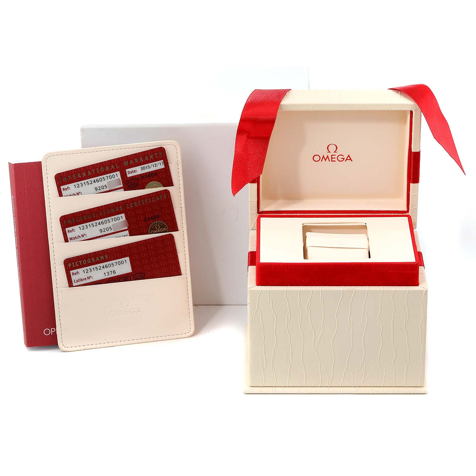 The image shows the box, card, and packaging for the Omega 123.15.24.60.57.001 Women's Stainless Steel Mother of Pearl Dial 123.15.24.60.57.001 Women's Stainless Steel Mother of Pearl Dial Constellation Mother of Pearl Diamond Steel Ladies Watch 123.15.24.60.57.001.