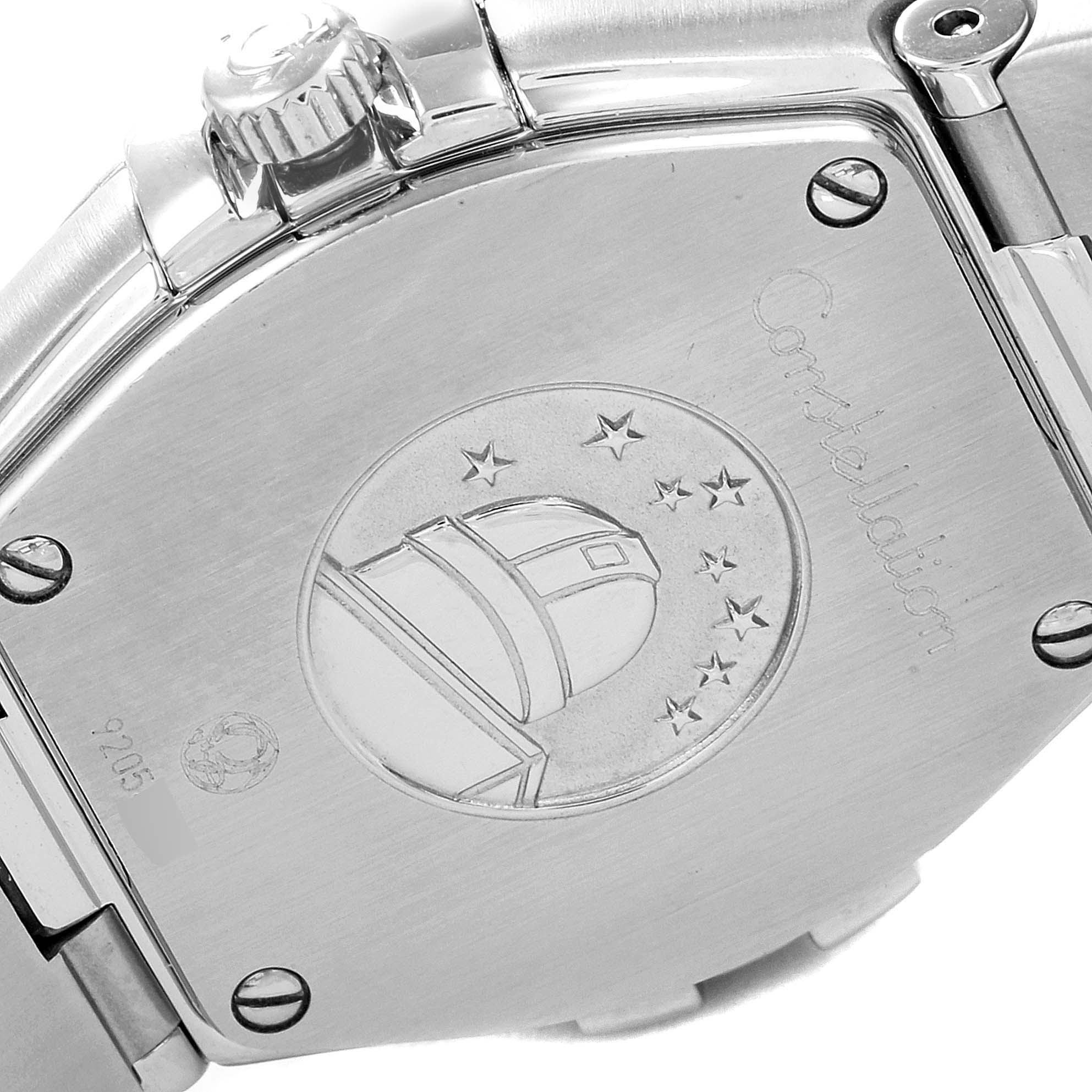 This image shows the engraved back case and crown of the Omega 123.15.24.60.57.001 Women's Stainless Steel Mother of Pearl Dial 123.15.24.60.57.001 Women's Stainless Steel Mother of Pearl Dial Constellation Mother of Pearl Diamond Steel Ladies Watch model 123.15.24.60.57.001.