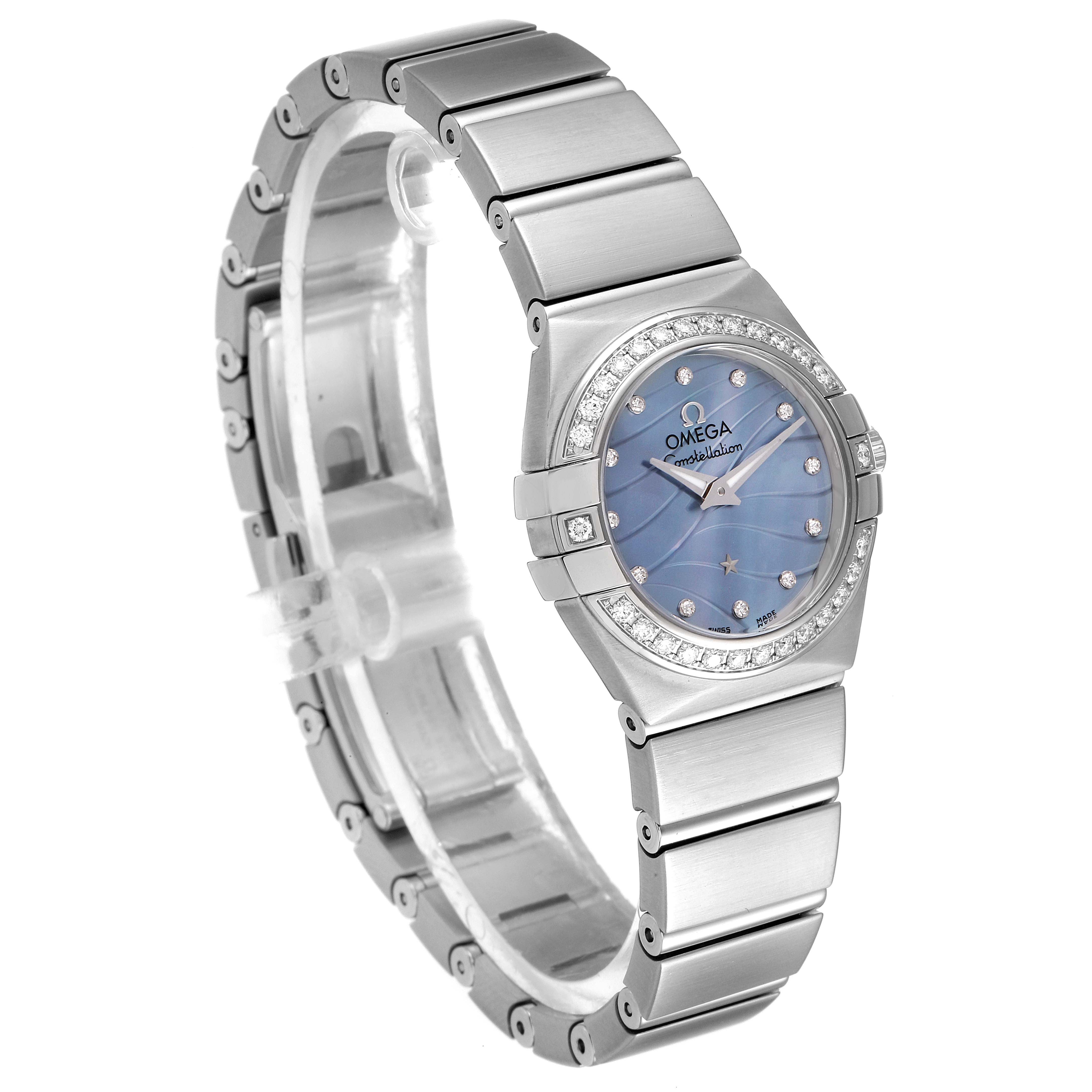 The Omega 123.15.24.60.57.001 Women's Stainless Steel Mother of Pearl Dial 123.15.24.60.57.001 Women's Stainless Steel Mother of Pearl Dial Constellation Mother of Pearl Diamond Steel Ladies Watch is shown at an angle highlighting the face and bracelet.