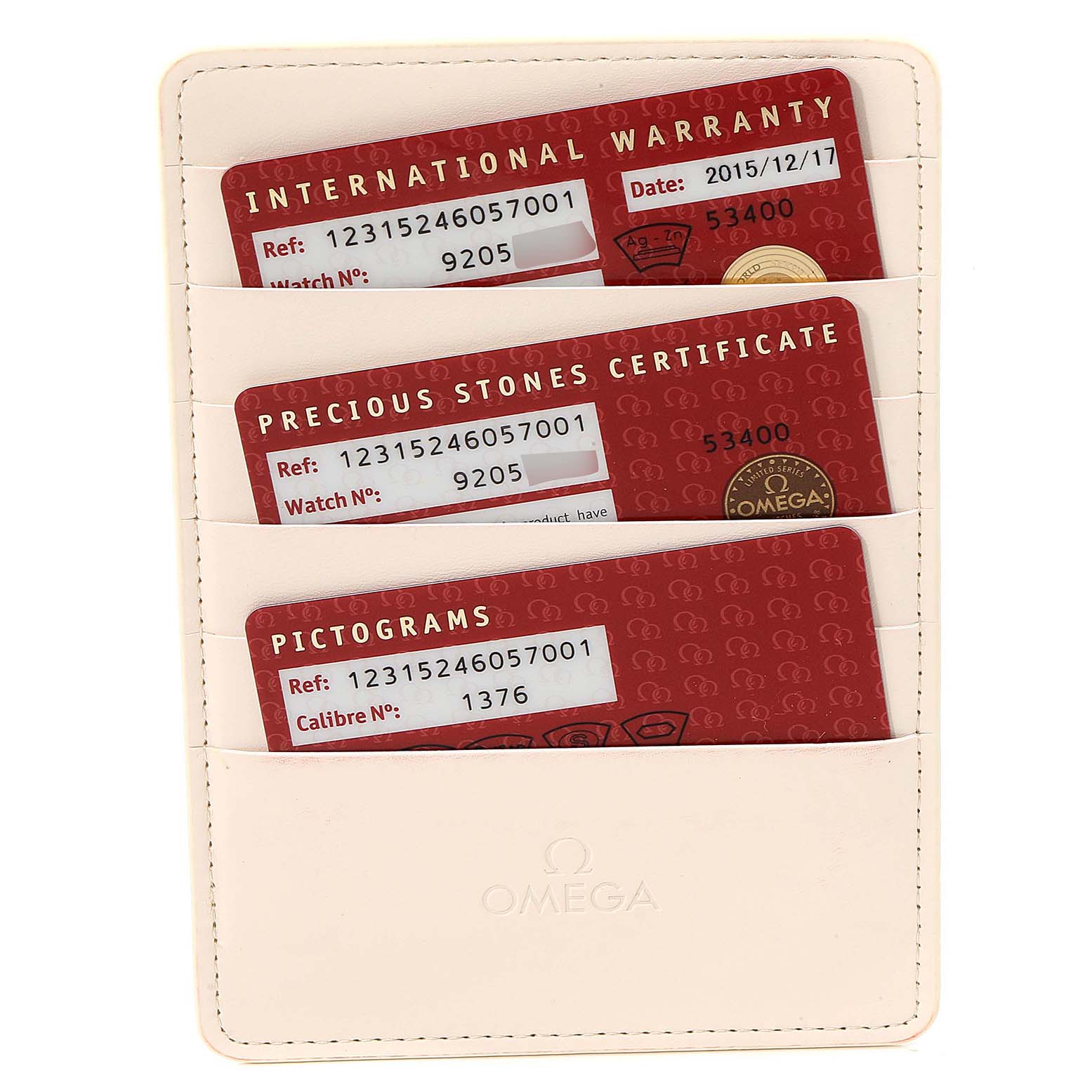 The image shows warranty cards and certificates for the Omega 123.15.24.60.57.001 Women's Stainless Steel Mother of Pearl Dial 123.15.24.60.57.001 Women's Stainless Steel Mother of Pearl Dial Constellation Mother of Pearl Diamond Steel Ladies Watch 123.15.24.60.57.001.