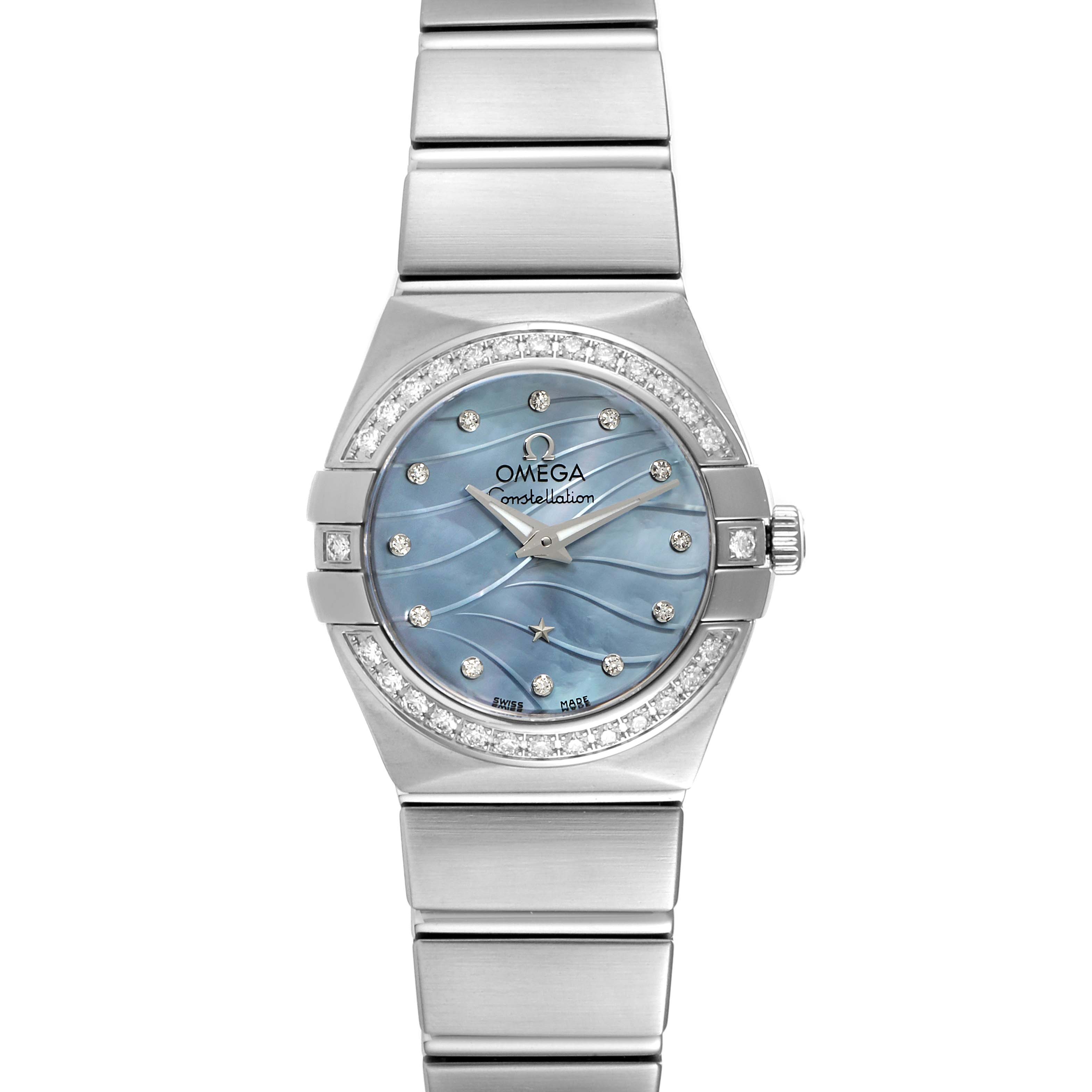 The Omega 123.15.24.60.57.001 Women's Stainless Steel Mother of Pearl Dial 123.15.24.60.57.001 Women's Stainless Steel Mother of Pearl Dial Constellation Mother of Pearl Diamond Steel Ladies Watch 123.15.24.60.57.001 is shown from a front angle, displaying the face, dial, and bracelet.