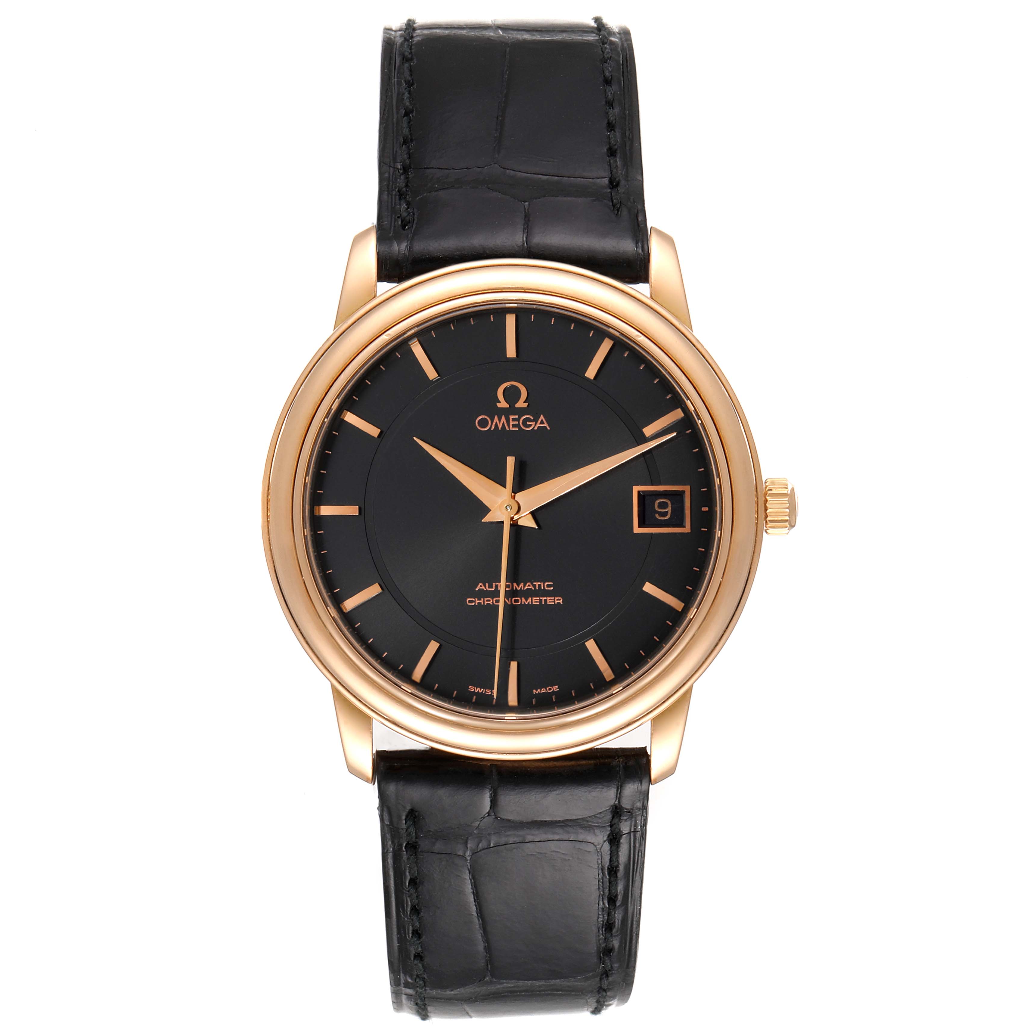 This image shows a front view of the Omega De Ville 4601.54.11 Men's Rose Gold Black Dial 4601.54.11 Men's Rose Gold Black Dial watch, featuring its black dial, gold case, and black leather strap.