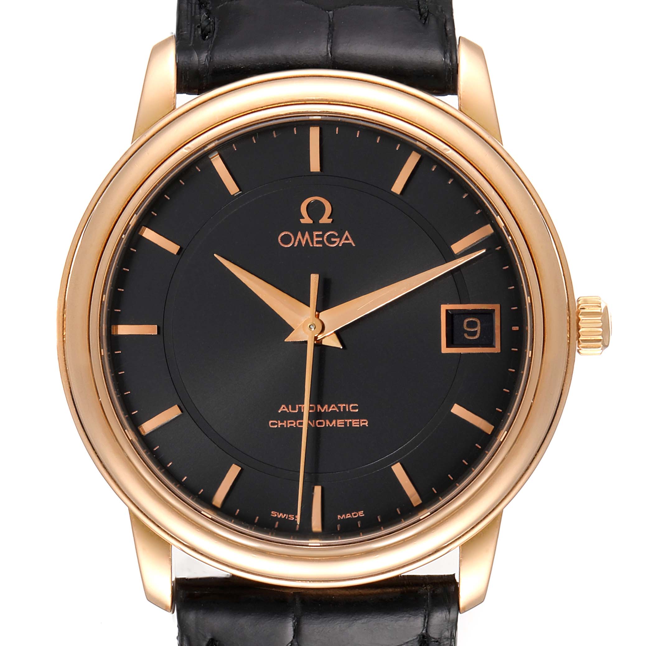 This image shows a frontal view of an Omega De Ville 4601.54.11 Men's Rose Gold Black Dial 4601.54.11 Men's Rose Gold Black Dial watch, highlighting the face, bezel, and crown.