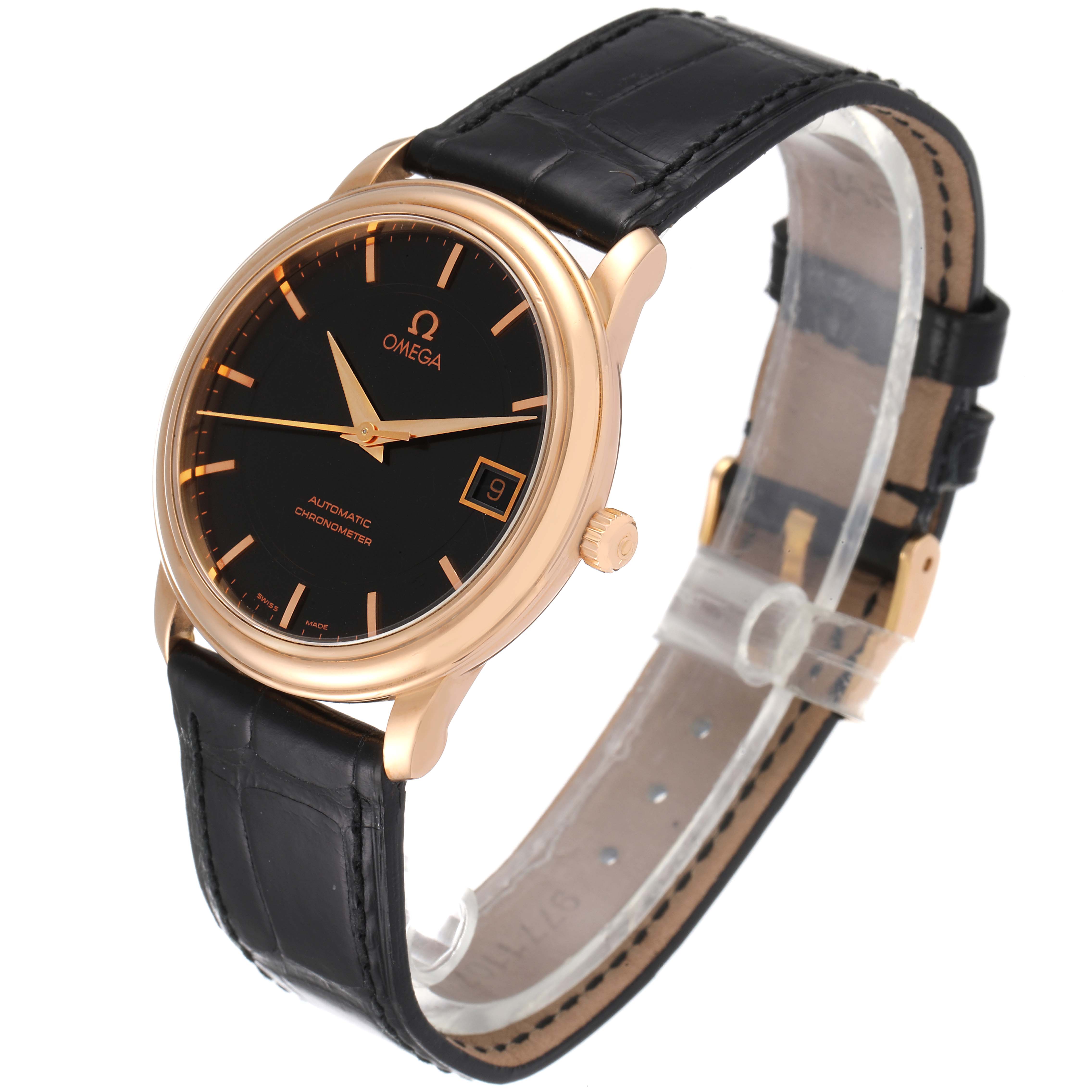 The image shows an Omega De Ville 4601.54.11 Men's Rose Gold Black Dial 4601.54.11 Men's Rose Gold Black Dial watch angled to display the face, crown, and the black leather strap.