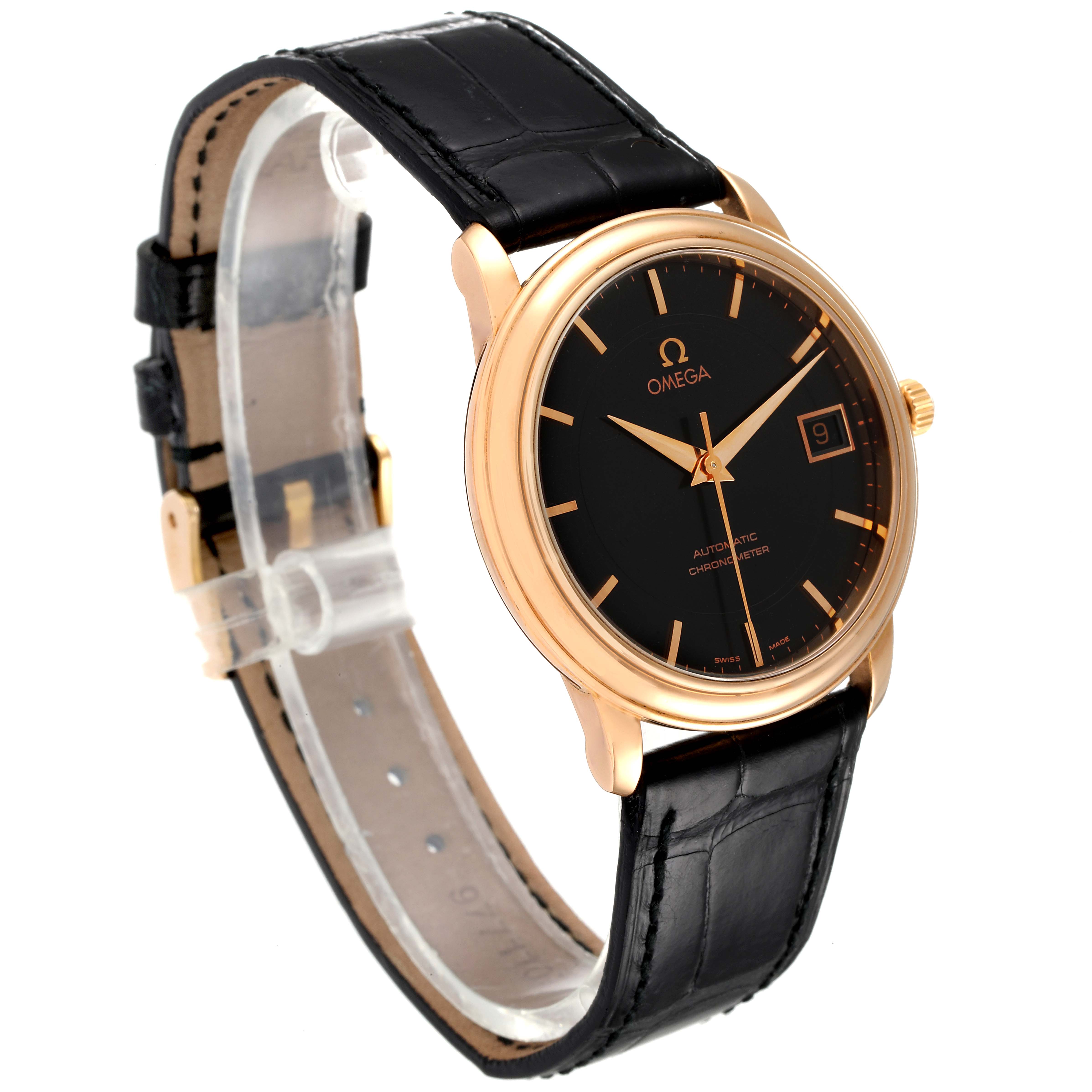 The image shows an Omega De Ville 4601.54.11 Men's Rose Gold Black Dial 4601.54.11 Men's Rose Gold Black Dial watch angled slightly to the right, highlighting the face, bezel, and strap.